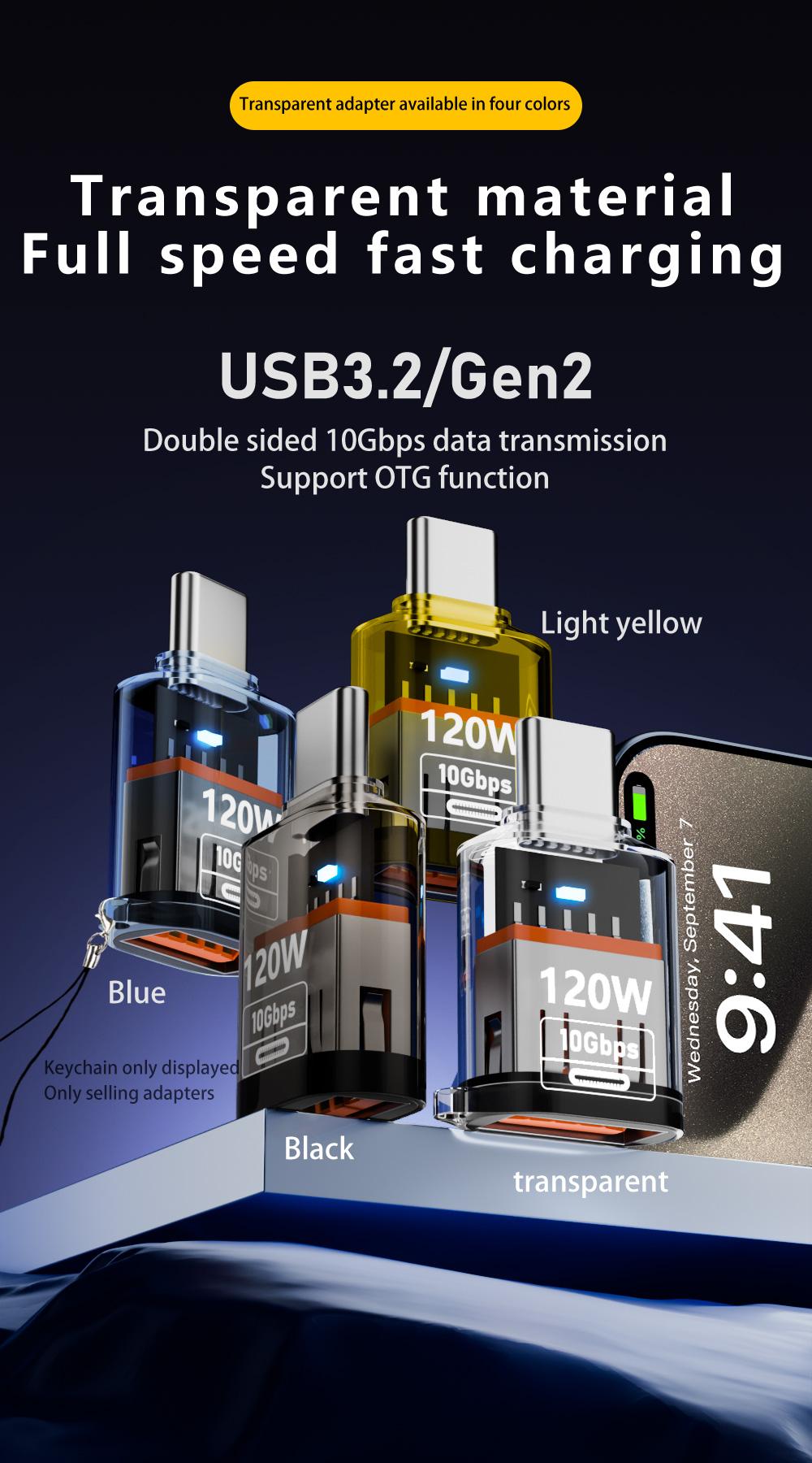 NNBILI 120W USB3.2/Gen2 Adapter Type C to USB Data Transfer OTG Adapter for iphone15 16 Samsung Mobile Phone Converter