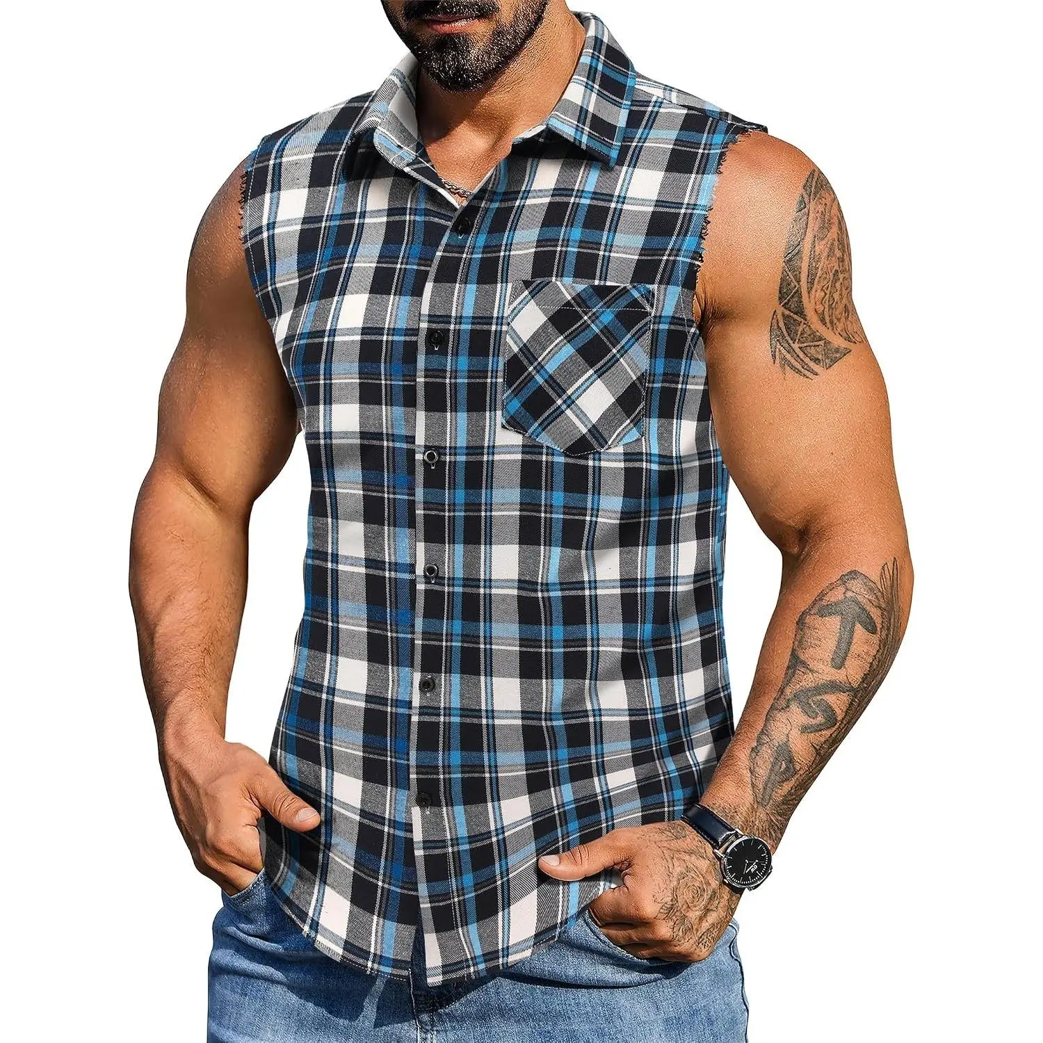 Mens Lightweight Sleeveless Flannel Shirt Plaid Tank Top Cotton Blend Button Down Western Cowboy Vest with Pocket