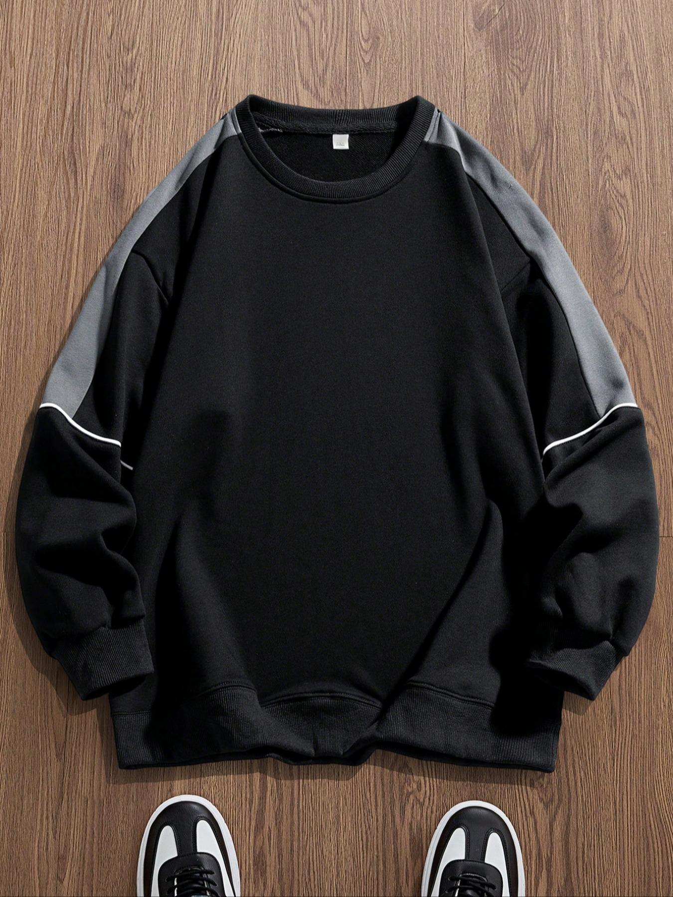 Men's Solid Color Patchwork Crew Neck Long Sleeve Fitted Knit Casual Top, Comfortable Classic Fashion Design, Perfect for Spring & Fall Seasons, Sweatshirts