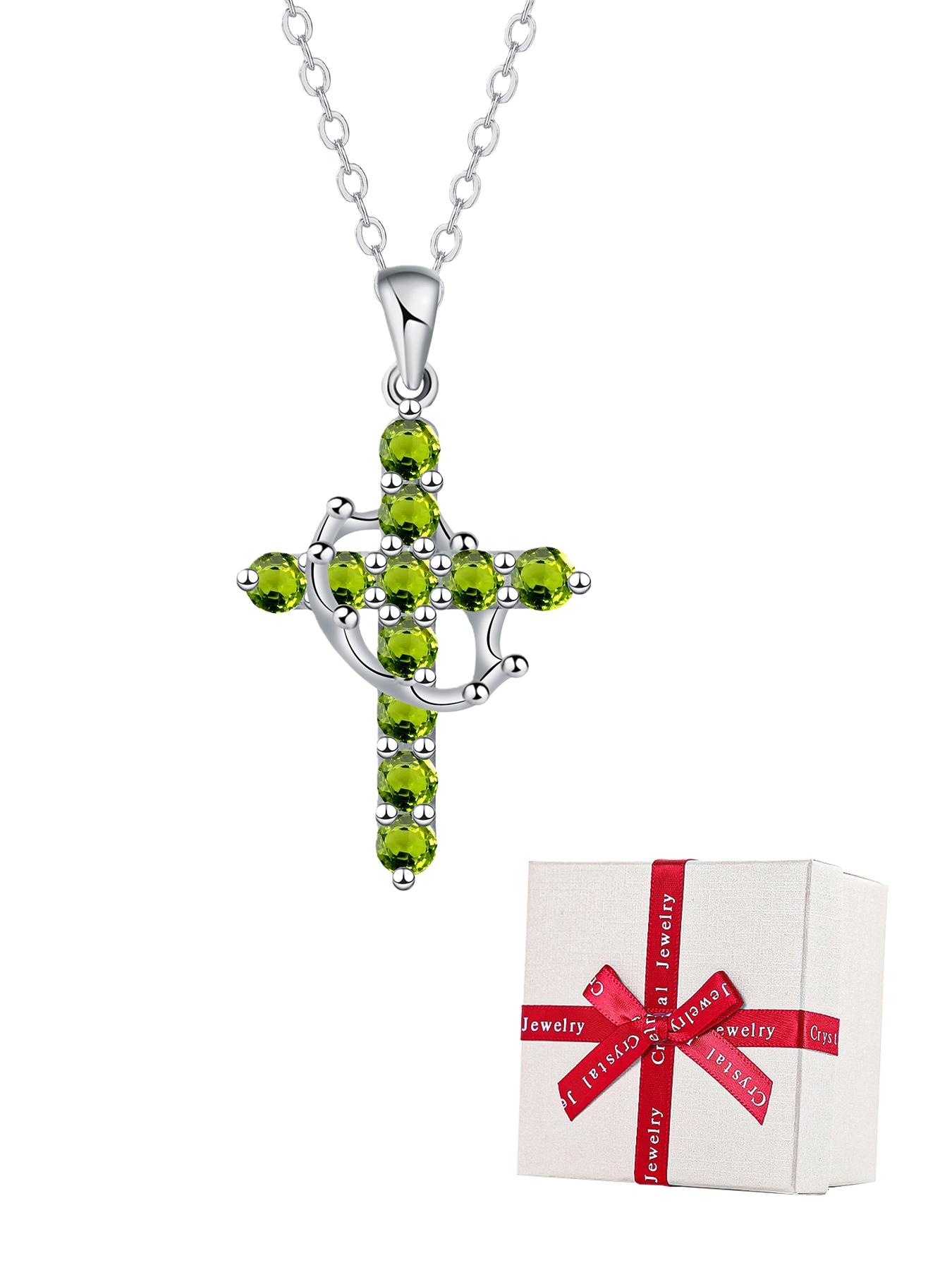 Women's Cz Birthstone Crown Cross Necklace Set, Colorful Fashion Pendant Exquisite Jewelry Gift Box, Christian Wife Mom Girlfriend Faith Present