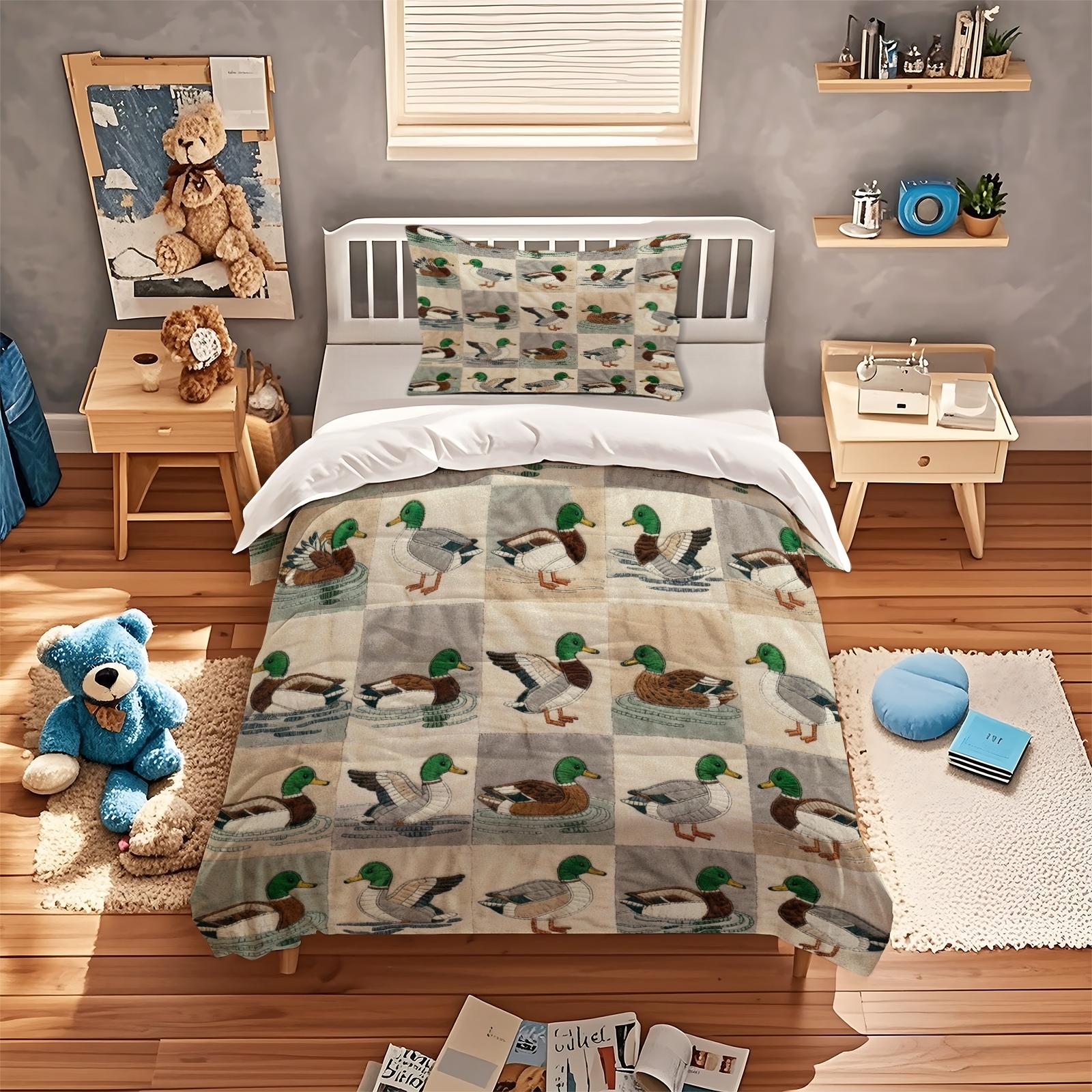 Duck Pattern Printed Bedding Set, Duck Pattern Duvet Set, Duck Design Bedding, Perfect for Adult Bedroom Decor, Includes 1 Fitted Sheet and 1 or 2 Pillowcases, No Core Included