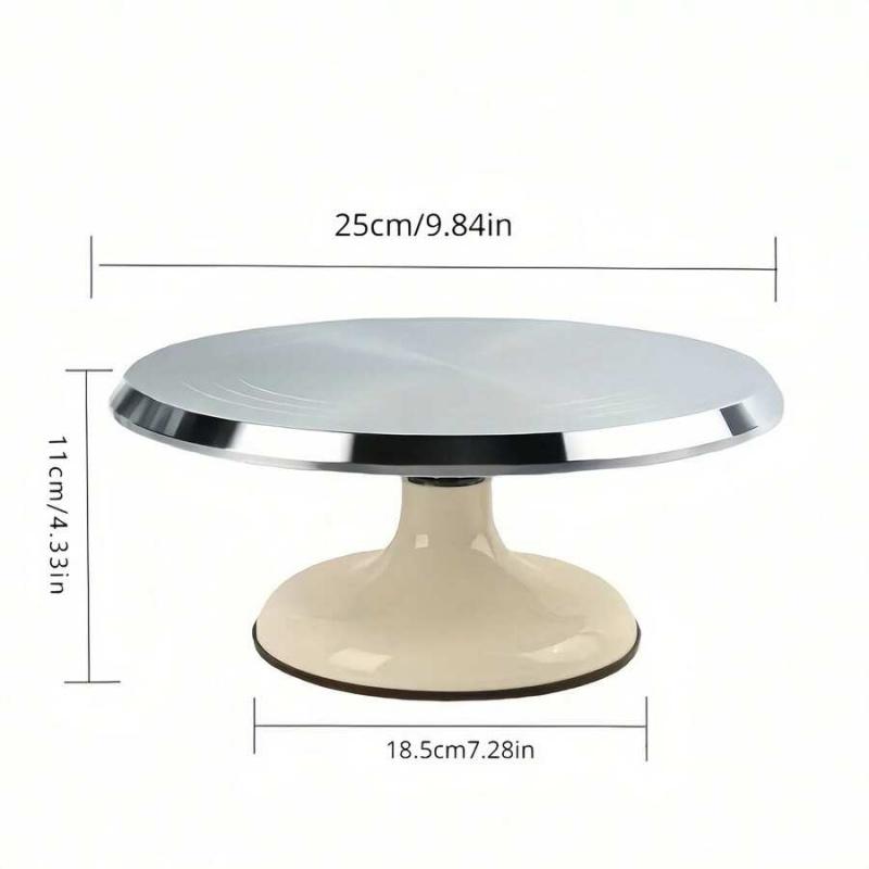 This aluminum cake turntable features 360-degree rotation, a non-slip base, and a heavy-duty smooth rotating stand. Suitable for 4-8 inch cakes, it's ideal for cake decorating, baking, and frosting preparation.