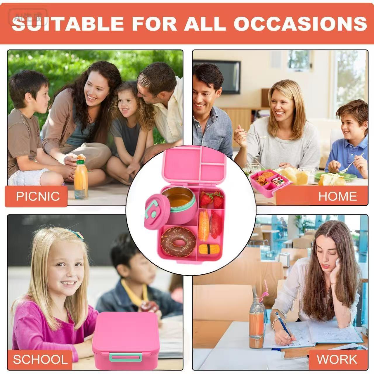 Cute Cartoon Bento Lunch Box with Soup Thermo, Kids Leakproof 4 Compartments, Insulated Food Jar for School Travel, Leak-Proof Bento Box with Spoon