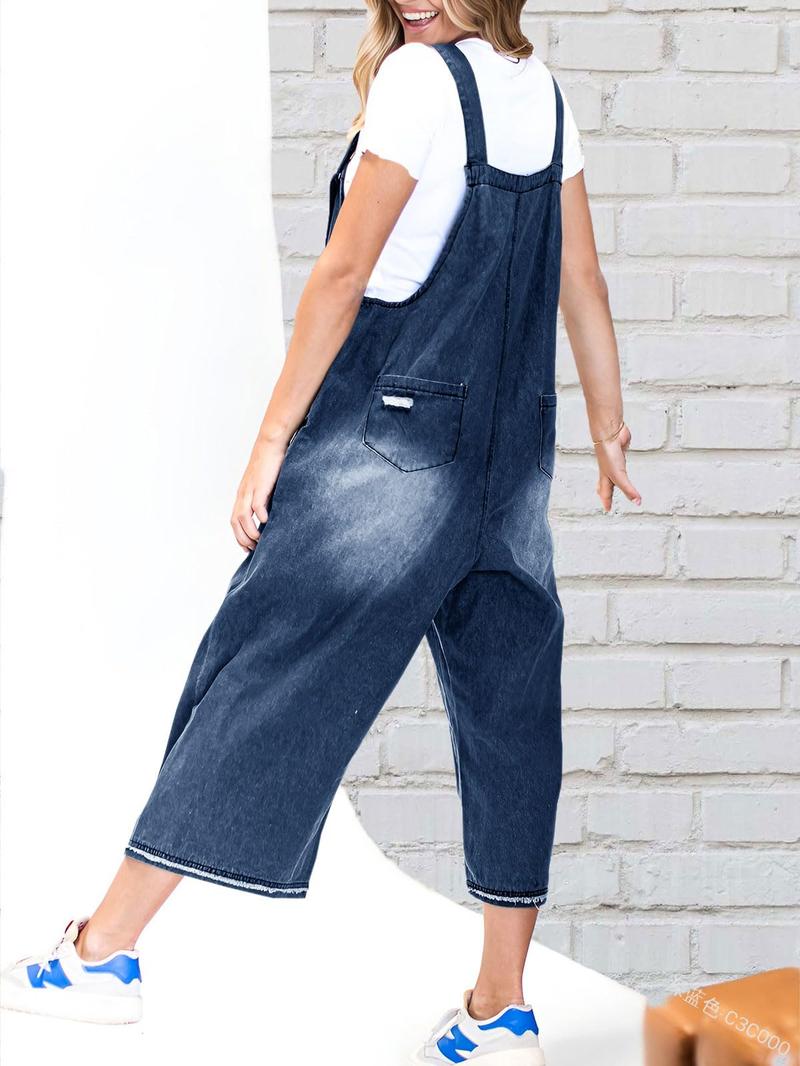 Chouyatou Women Loose Adjustable Strap Denim Bib Overall Jeans Distressed Wide Leg Baggy Overalls Jumpsuit