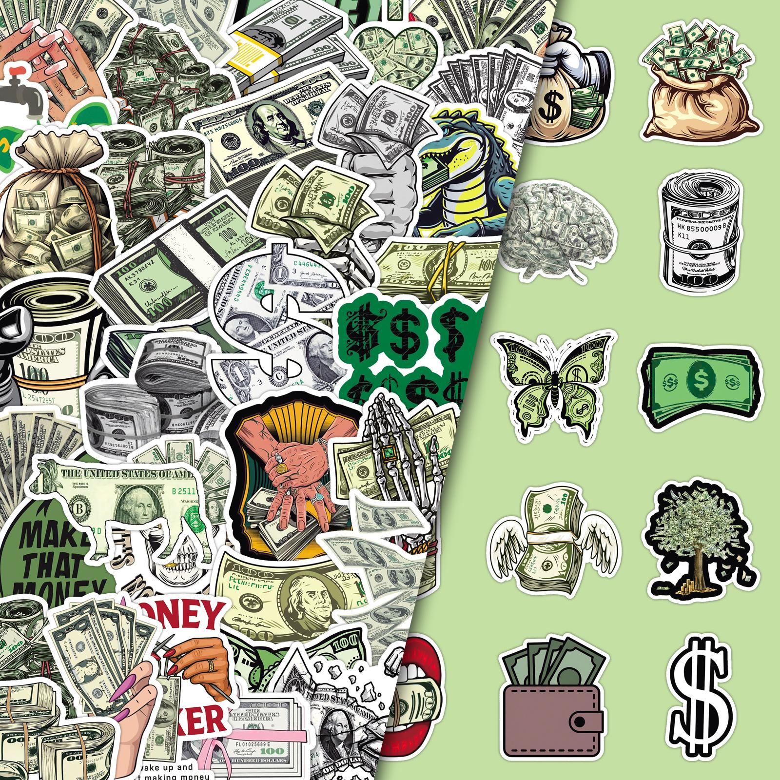 100-Pack Dollar Bill Stickers - 2 American Cash Designs, Creative Money Decals for Phone Cases, Laptops & DIY Projects (Foil Printing, Realistic Texture)