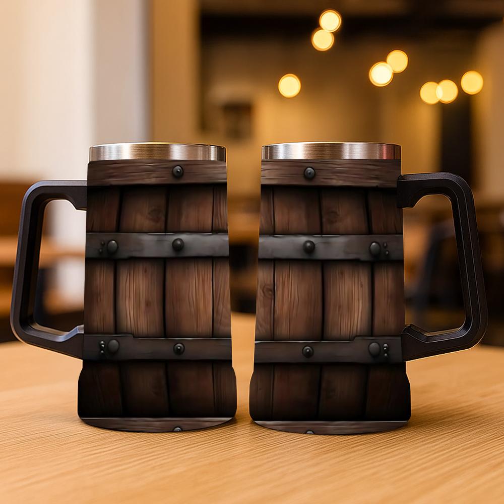 1pc 24oz Barrel Texture Stainless Steel Beer Mug With Big Handle, Vintage Rustic Wood Barrel Print Double Wall Insulated Travel Coffee Beer Cup, Leakproof Large Capacity Water Tumbler For Bar Pub Camping, Retro Western Gift For Men Beer Lovers