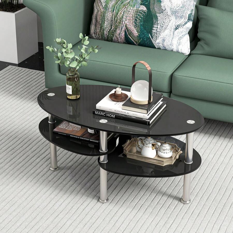 Tempered Glass Oval Side Coffee Table with Shelf Base, Living Room Center Table, Modern Tempered Glass Coffee Table for Home Decor