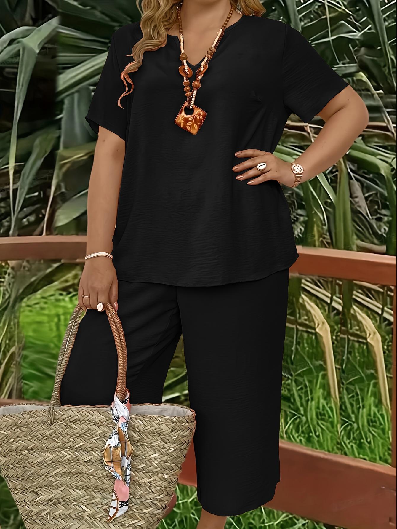 Elegant Plus Size Women's Solid Color Short Sleeve Fashion Top & Casual Wide Leg Pants Set, Summer, Comfortable & Stylish Elegant Plus Size Women's Solid Color Short Sleeve Fashion Top & Casual Wide Leg Pants Set, Summer, Comfortable & Stylish