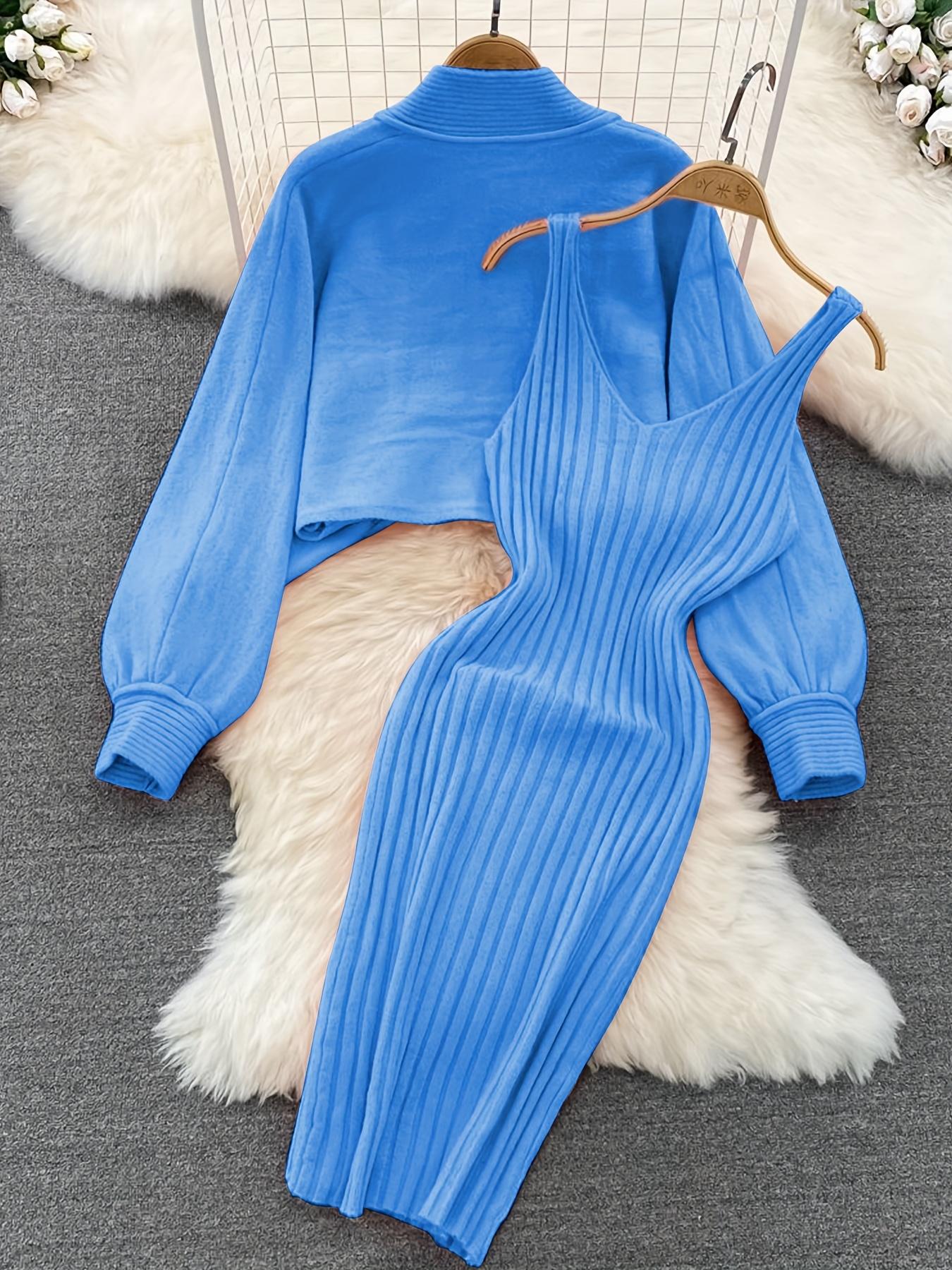 Women's Solid Color Knit Two Piece Set, Casual Fashion Frog Button Cardigan and Ribbed Dress for Spring & Fall, Fashion Women's Knitwear for Daily Wear, Womenswear