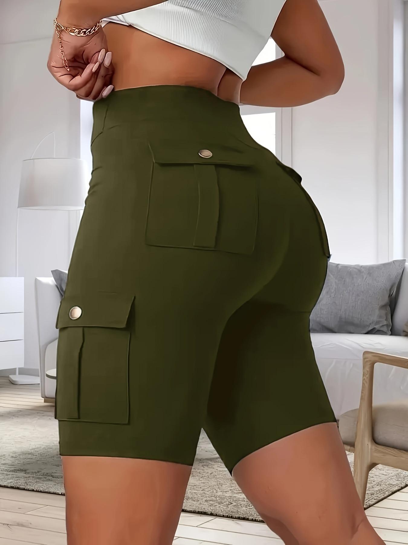 Women's High Waist Pocket Shorts, Slim-Fit Elastic Running Pants, Casual Spring & Fall Outdoor Sports Wear, Comfortable Fit