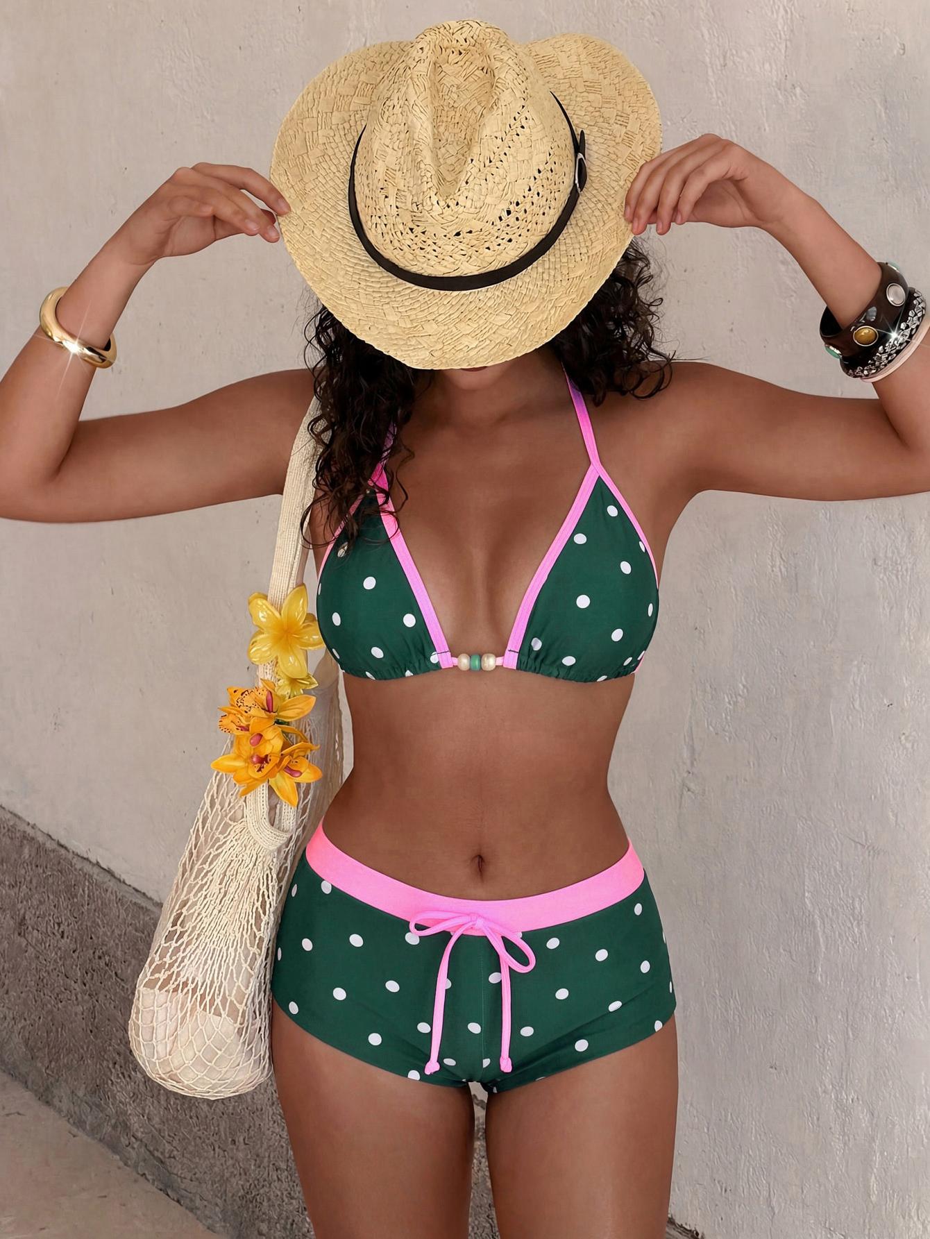 Women's Swimsuit Bikini Set Retro Yellow Polka Dot Print Vintage Color Block Summer Outfit for Beachwear & Vacation Y2k 2000s Streetwear