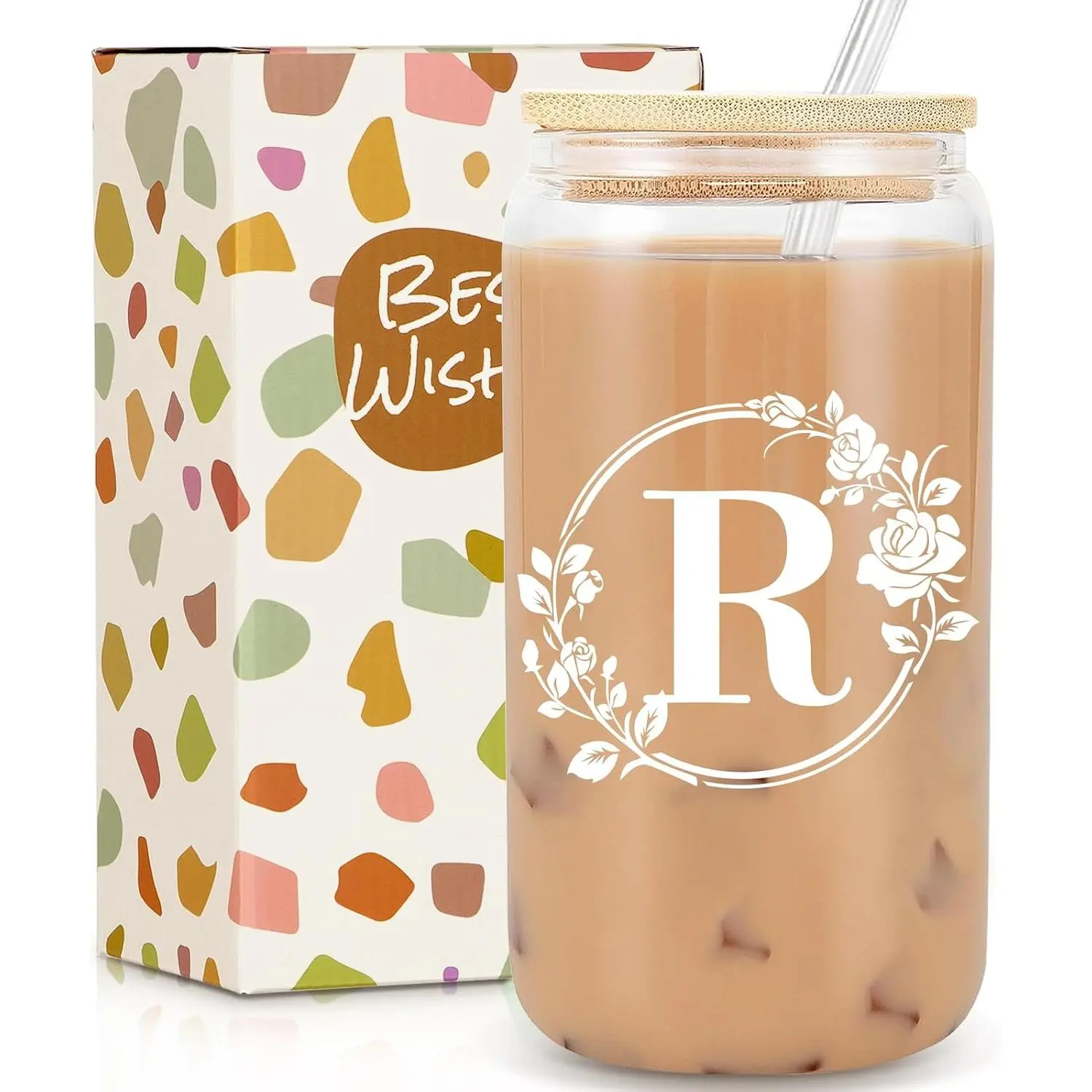 16oz Personalized Monogram Initial Glass Cup with Lid & Straw, Beer Can Shaped Iced Coffee Glass, Custom Birthday Gift for Women, Ideal for Mother’s Day & Christmas