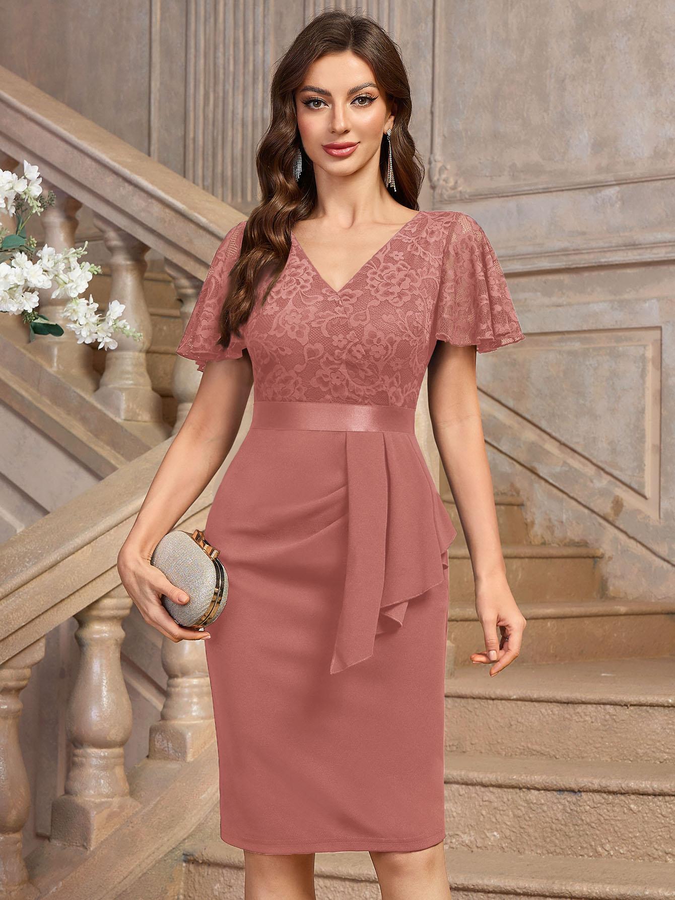 MIUSOL 84140A Women's Vneck Floral Lace V Neck Elegant Ruffle Shortsleeve Cocktail Party Slim Dress for Formal Wear Cocktail Party MIUSOL 84140A Women's Vneck Floral Lace V Neck Elegant Ruffle Shortsleeve Cocktail Party Slim Dress for Formal Wear Cocktail Party