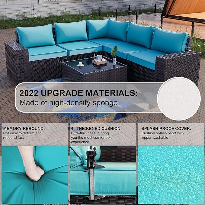 【Back To School】[3 packages delivery] Kullavik Patio Furniture 6 Pieces Outdoor Sectional PE Rattan Sofa Set Brown Manual Wicker Patio Conversation Set with 5 Seat Cushions and 1 Tempered Glass Tea Table