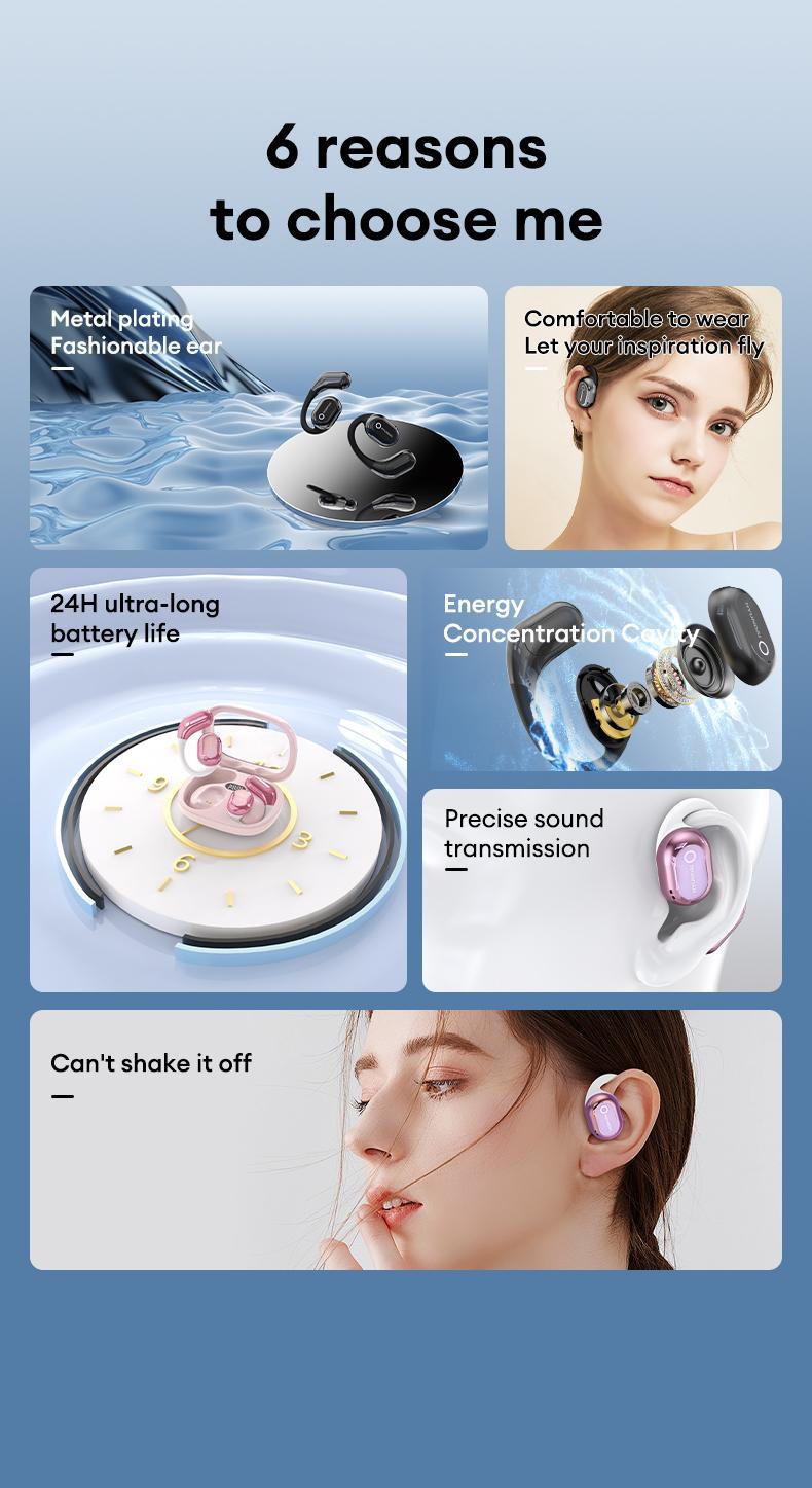 HYUNDAI Y16 OWS Open Ear Bluetooth Earbuds HIFI Sound Quality Music Wireless Earbuds Gaming with Low Latency Wireless Headphones IPX5 Waterprooof OWS Earphones Comfortable Wearing Earbuds Touch Control Built-in Mic Hearphones Compatible With All Phones