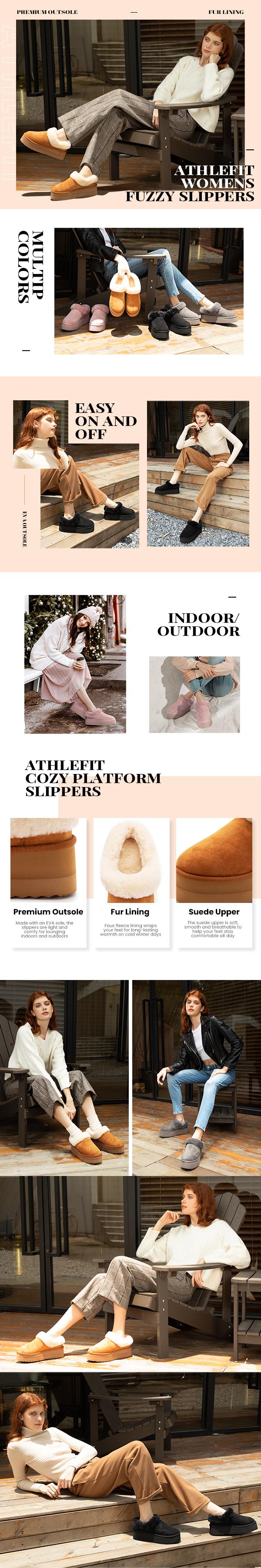 Athlefit Platform Slippers For Women Fluffy House Slippers For Indoor And Outdoor Short Ankle Boot Fur Lined Clog Slippers slippers women slippers Girl Footwear Walking Shoes Flatform
