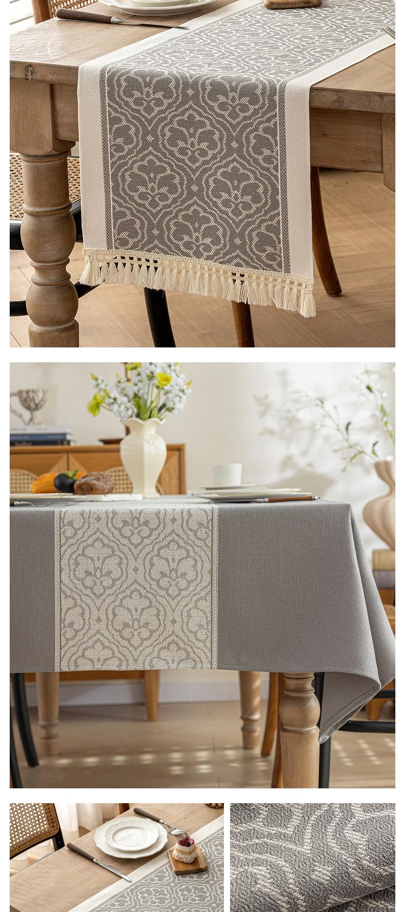 Nordic Style Waterproof Cotton Linen Table Runner, Jacquard Pattern with Tassel Trim, Dining Table Decor