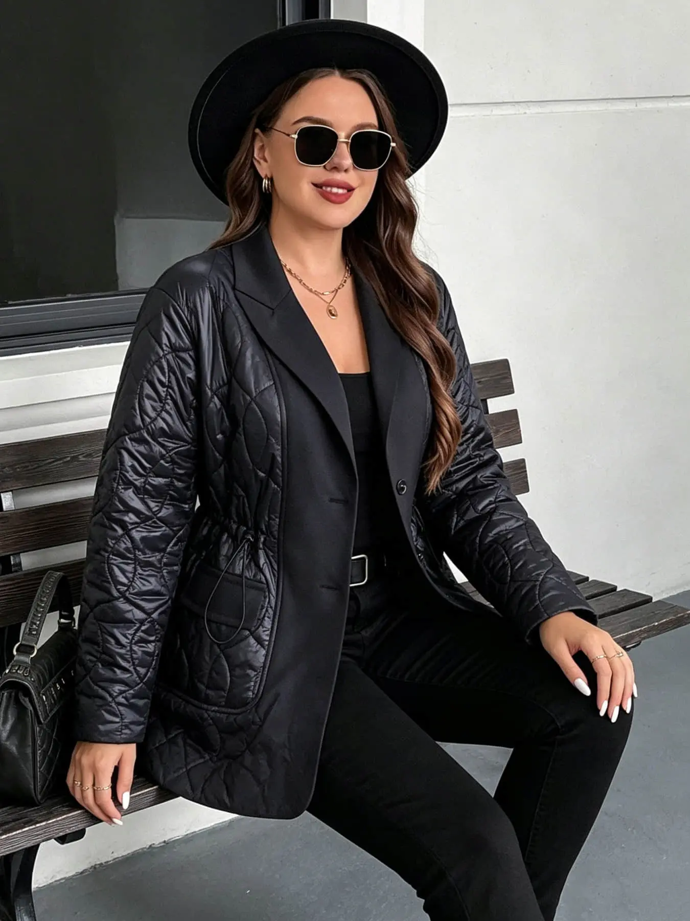 Plus Size Women's Fashion Patchwork Coat, Rhombus Drawstring Waist Design, Suitable for Autumn Winter, Office Shopping, Daily Commute