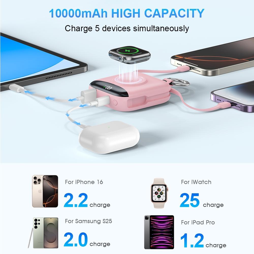 10000mAh Mini Wireless watch charger with Digital Display & Finger Ring Stand, PD20W Fast Charging Battery Pack for iPhone 15/14/13/12/11/Pro/Pro Max, Samsung Android Phones, Includes Type-C and iOS Cables
