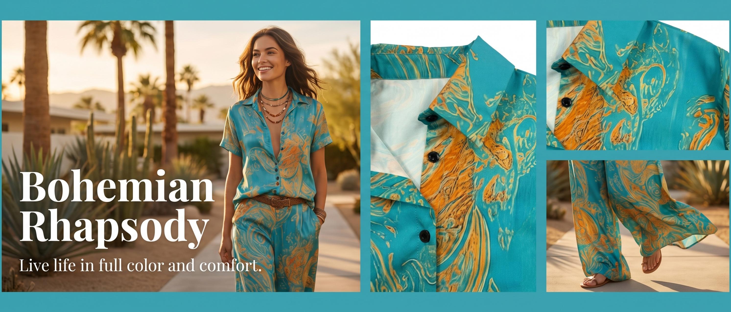 Casual Vacation Style Random Print Collared Shirt Top and Straight Leg Pants with Pockets, No Belt Included, Perfect for Daily Outings