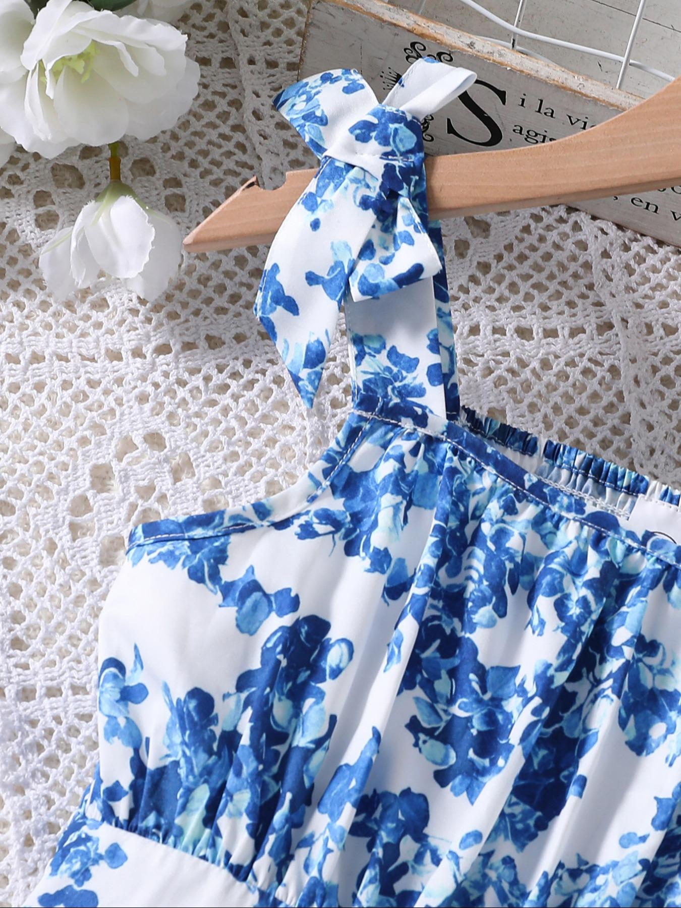 Elegant Girls' Dress with Floral Print, Blue Strapless Design, Fashionable  Comfortable Style, Perfect for Daily Wear, Printed Dress - TikTok Shop