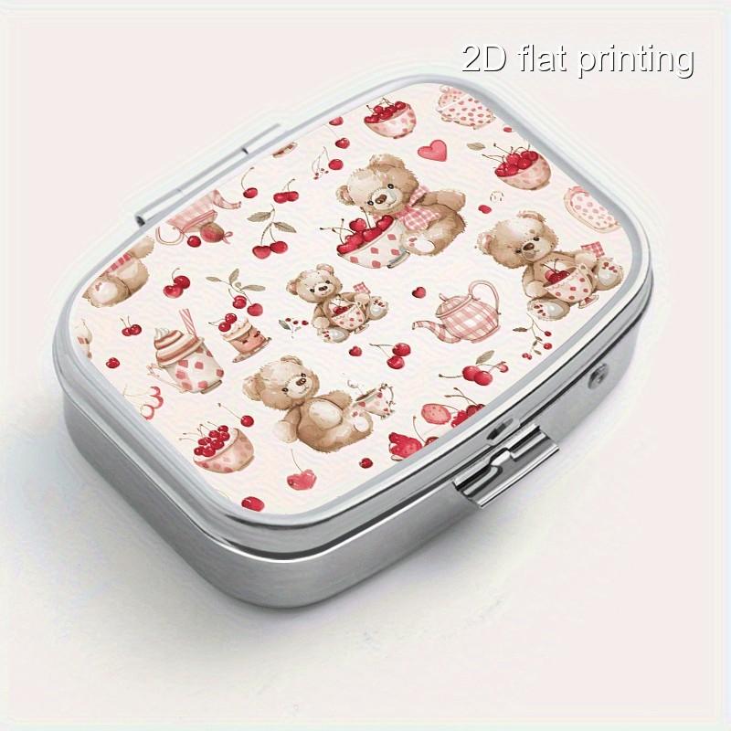 Cherry Bear Pattern Portable Pill Box, 2 Compartment Travel & Outdoor Metal Case, Moisture-Proof Sealed, Ideal for Vitamins Jewelry Earrings