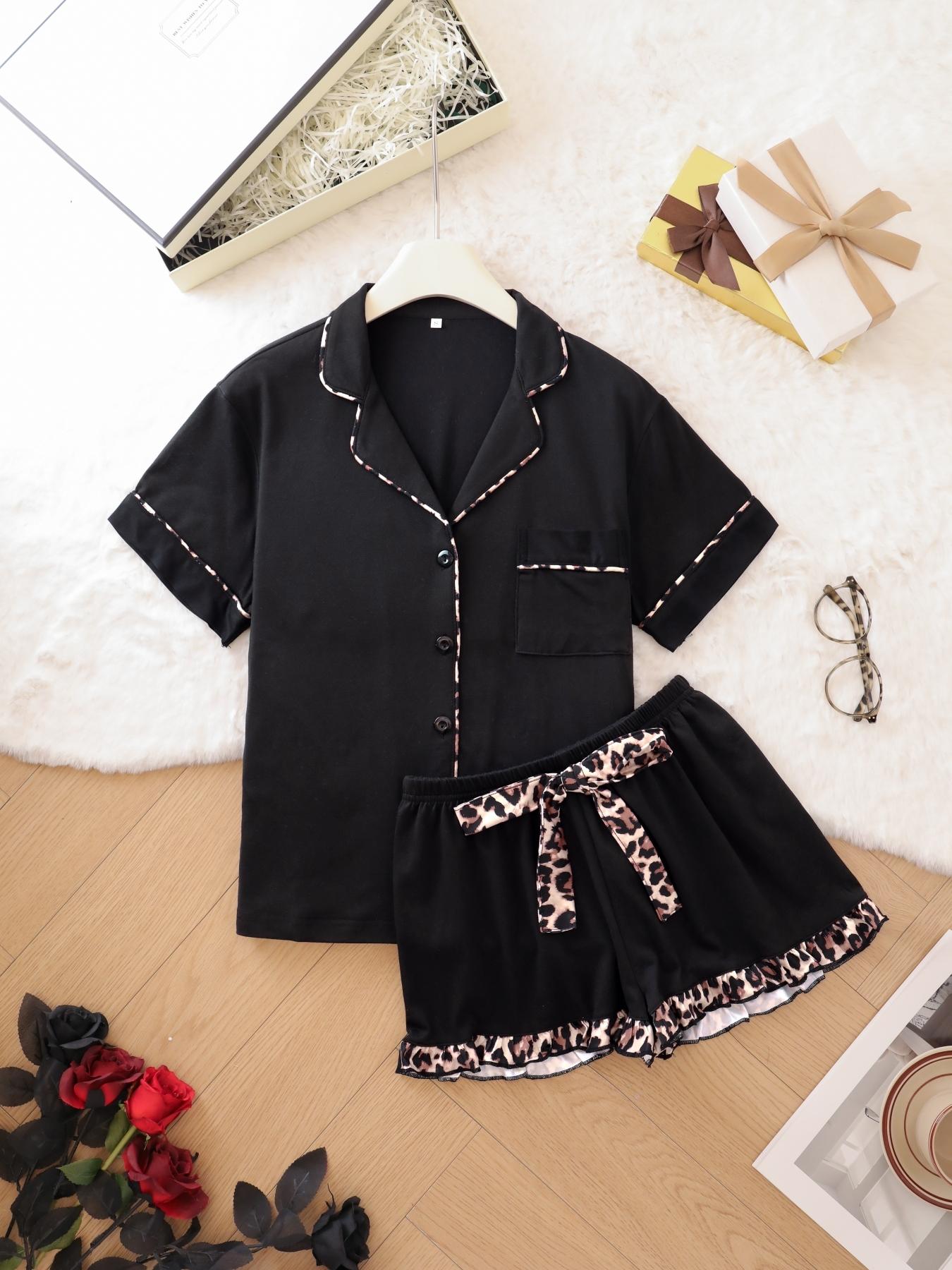 Women's Contrast Binding Pajama Two-piece Set, Short Sleeve Button Up Top & Shorts Pj Set, Casual Comfy Loungewear Set for Women, Nightwear, Casual Sleepwear Set Women's Contrast Binding Pajama Two-piece Set, Short Sleeve Button Up Top & Shorts Pj Set, Casual Comfy Loungewear Set for Women, Nightwear, Casual Sleepwear Set