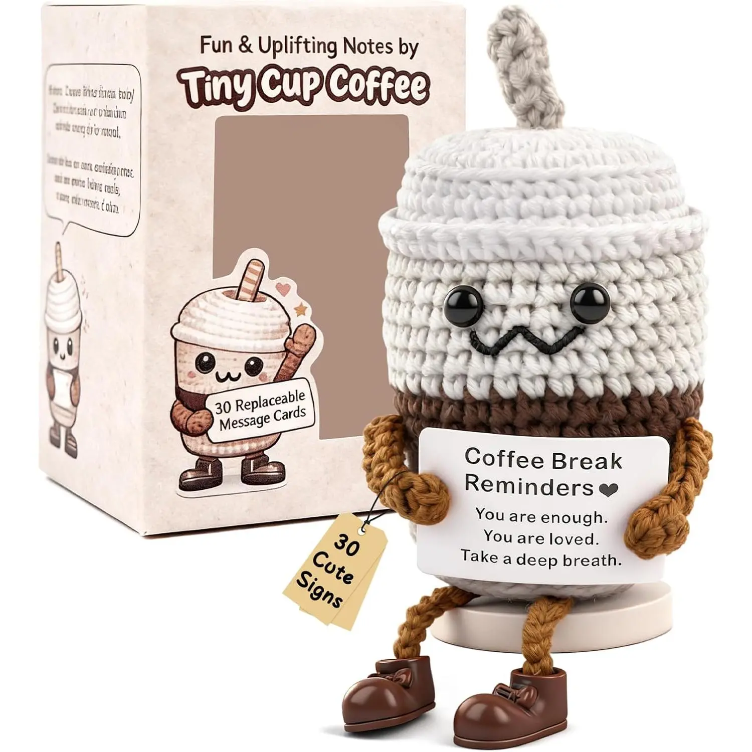 Positive Crochet Coffee Cup with 30 Replaceable Cards | Cute Coffee Mug Emotional Doll with Detachable Wooden Base, Funny   for Mother, Teacher, Desk Decor