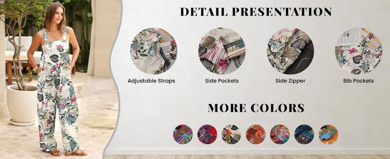 UANEO Women's Patchwork Dual Pocket Jumpsuit Loose Floral Print Bohemian Wide Leg Bib Overall Casual Womenswear Printed