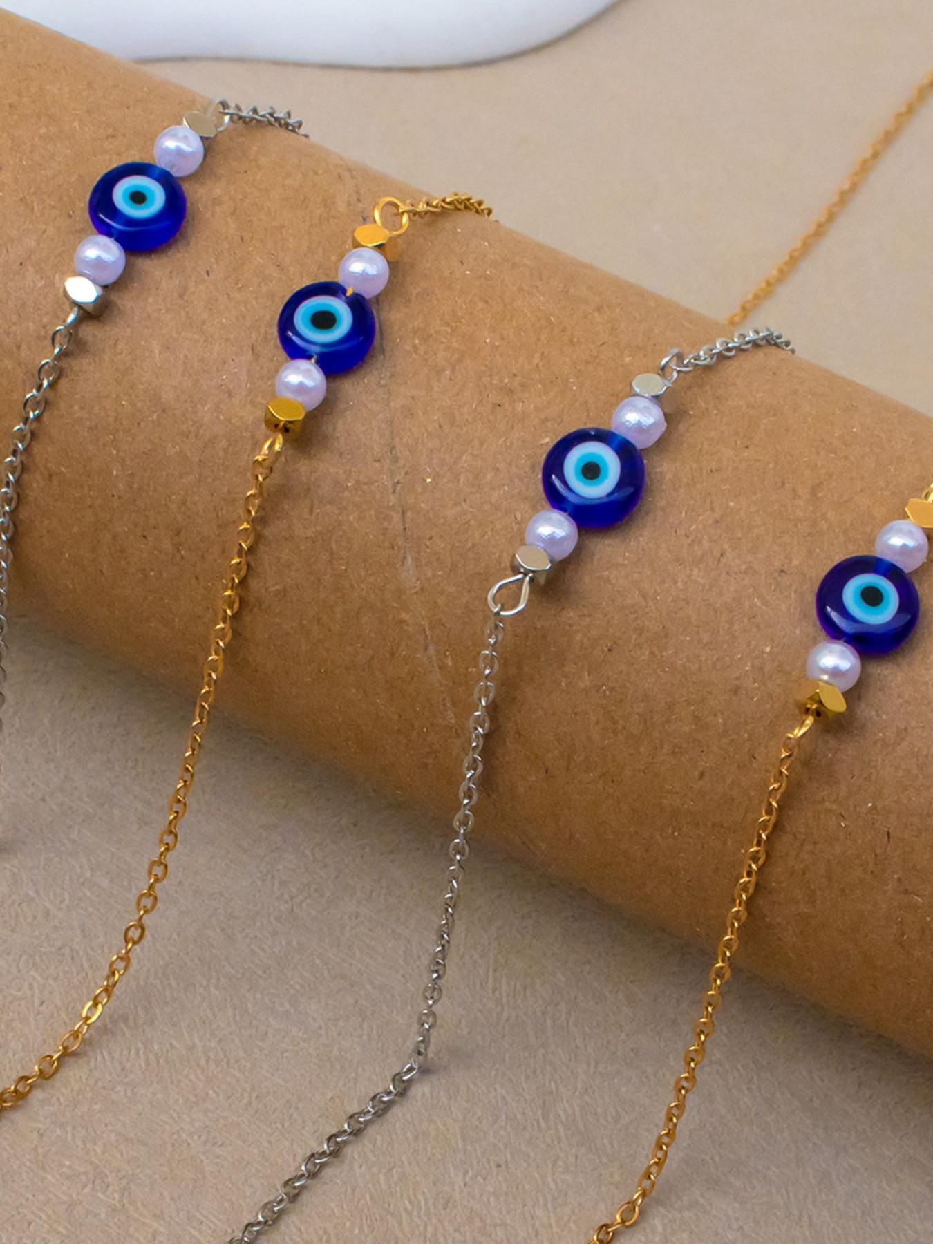 Stainless Steel Devil Eye Jewelry Set, Summer Simple Pearl Glass Eyes Necklace Bracelet, Elegant Fashion Accessory