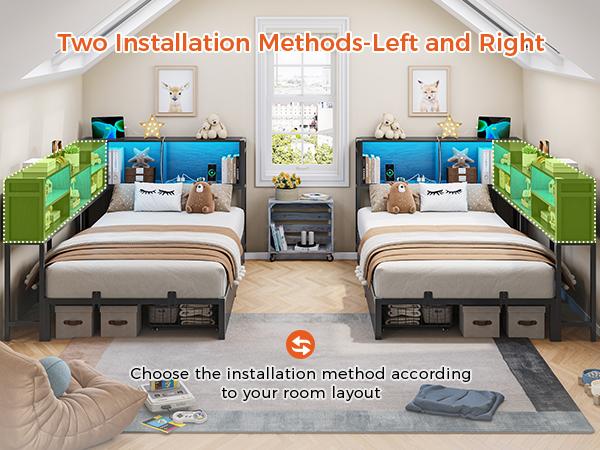 Hasuit Twin Corner Bed Frame with Storage Bookcase, Twin Size Daybed with 2 Underneath Storage Drawers, Kids Bed Unit with Charging Station and LED Light, Modern Teenagers Bedframe