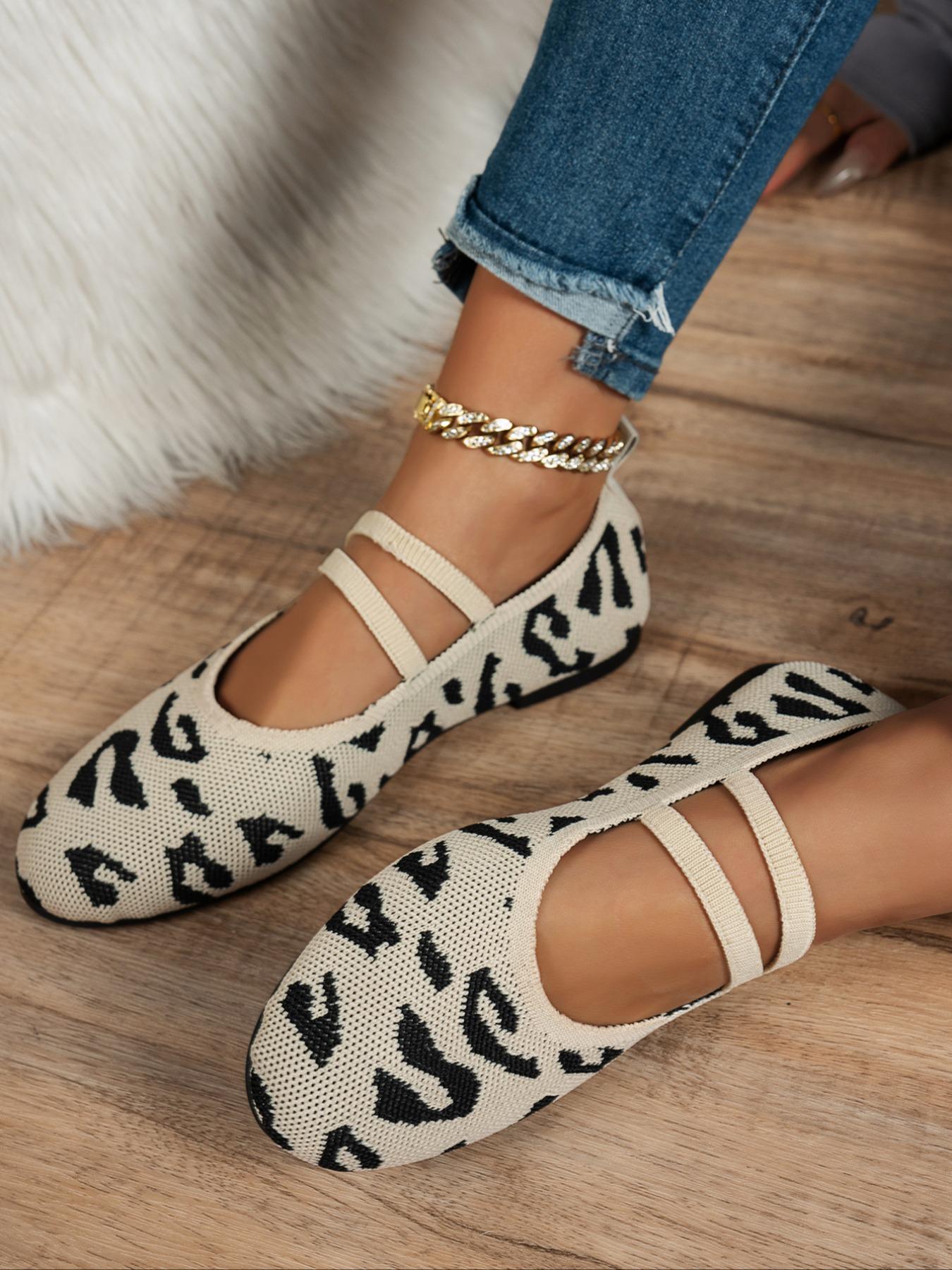 Women's Fashion Knitted Leopard Print Casual Trendy Flat Shoes, Elegant Versatile Basic Design, Comfortable Large Size, Suitable for Home and Outdoor