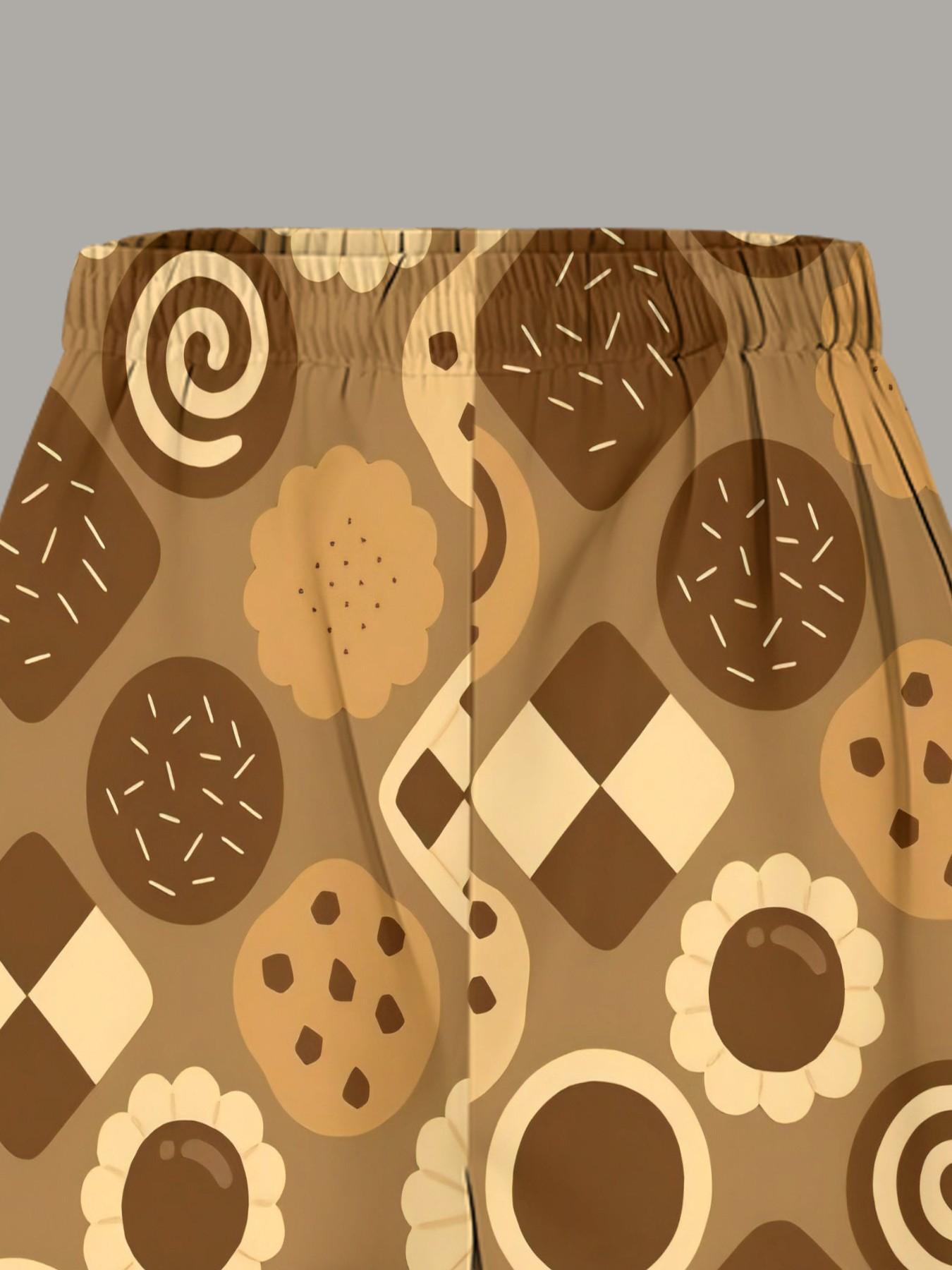 Caramel Cookie Print Vest Set, Soft Cute Style, Casual Streetwear, Fitted Without Collar, All over Print, Perfect for