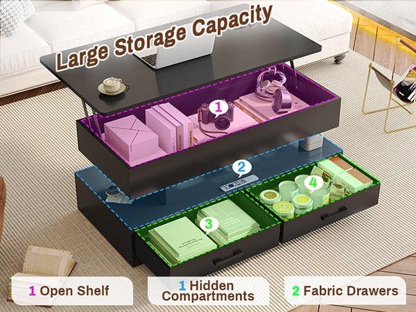 Sikaic 40 Inches Lift Top Coffee Table With 2 Fabric Drawers And LED Light