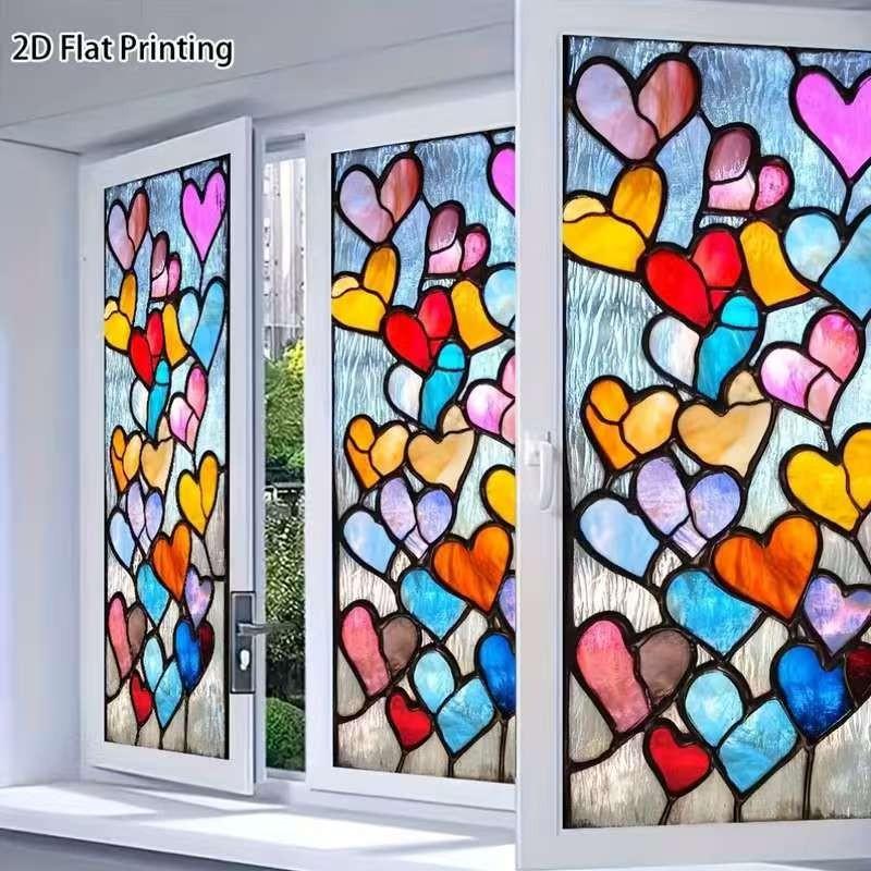Vibrant Colored Glass Heart Window Sticker, Static Adhesive Frosted Privacy Film, Easy Install Removable PVC Decor, Ideal for Bathroom, Office, Windows