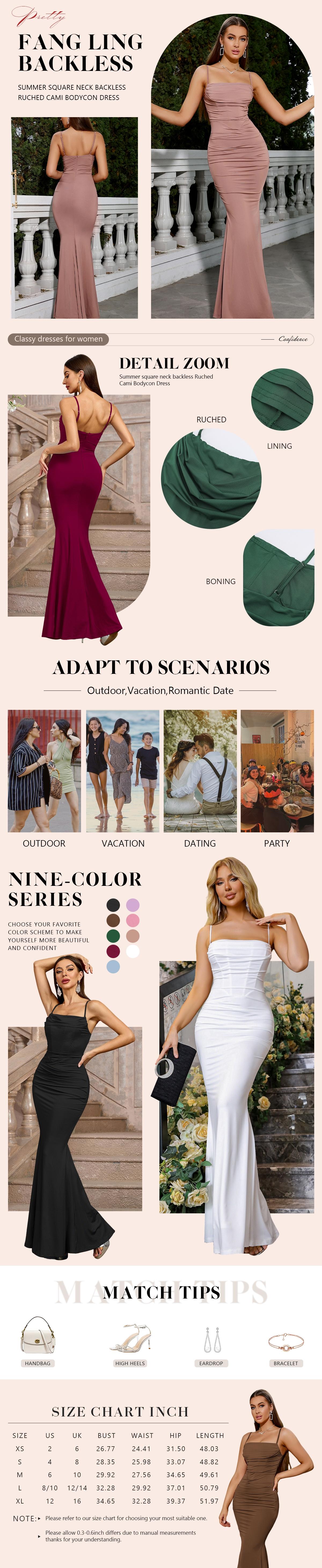 Parthea Women's Plain Ruched Zipper Boning Corset Mermaid Dress, Elegant Adjustable Spaghetti Strap Sleeveless Cami Bodycon Long Dress for Evening Party, Ladies Summer Clothes, National Day Offers