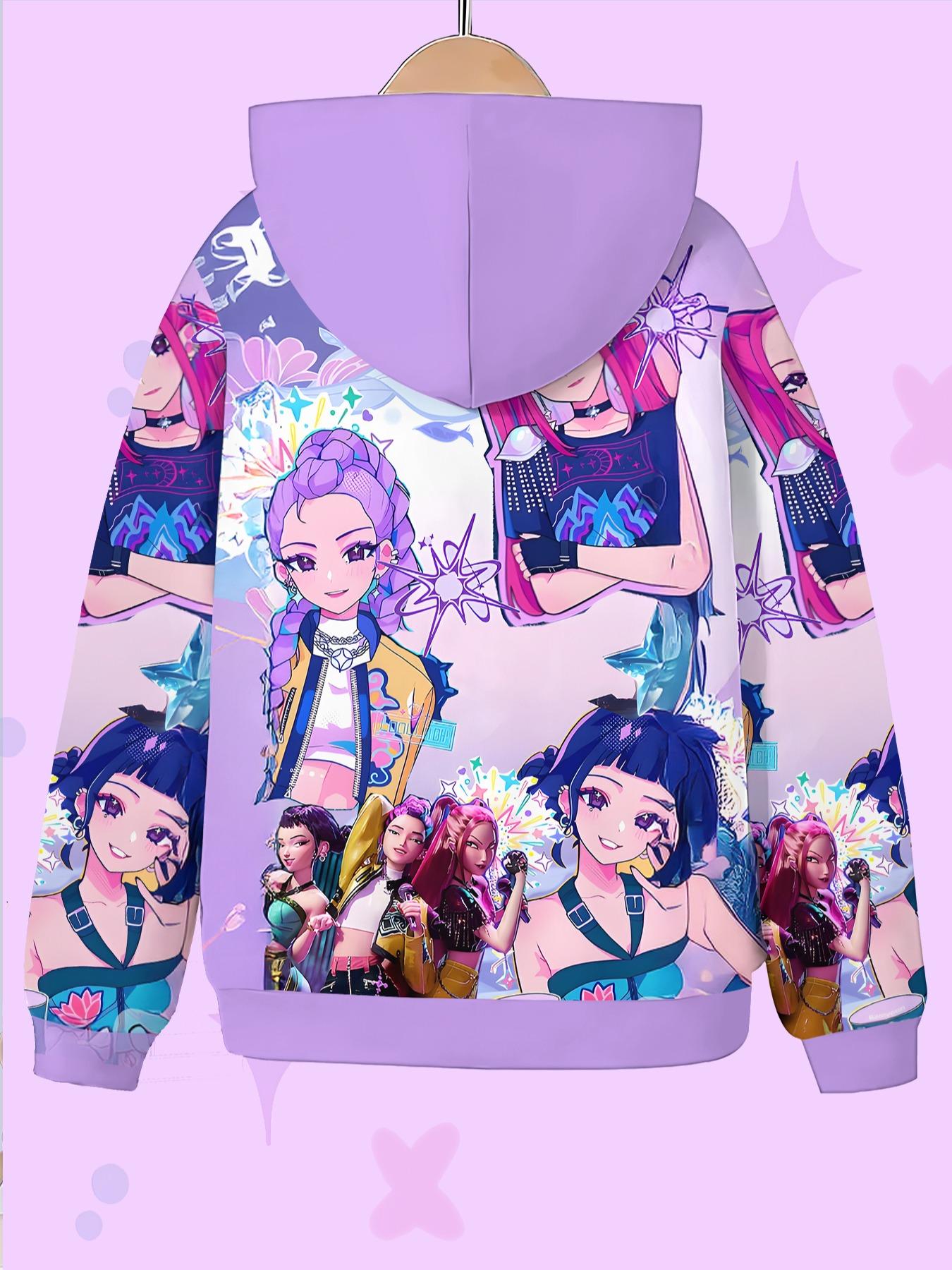 Girls Lightweight Hooded Zipper Sweatshirt, Casual Fall & Winter Wear, Fitted Random Print Design, Durable Daily Outdoor Activities, Graphic Hoodies, Aesthetic Hoodie