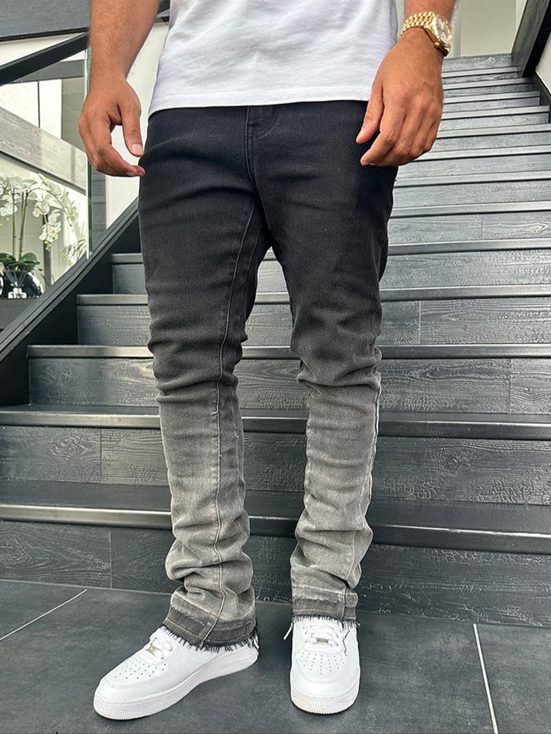 Men's Slim Fit Elastic Straight Leg Jeans, Vintage Washed Distressed Gradient Street Style, All-Season Fashion Pants