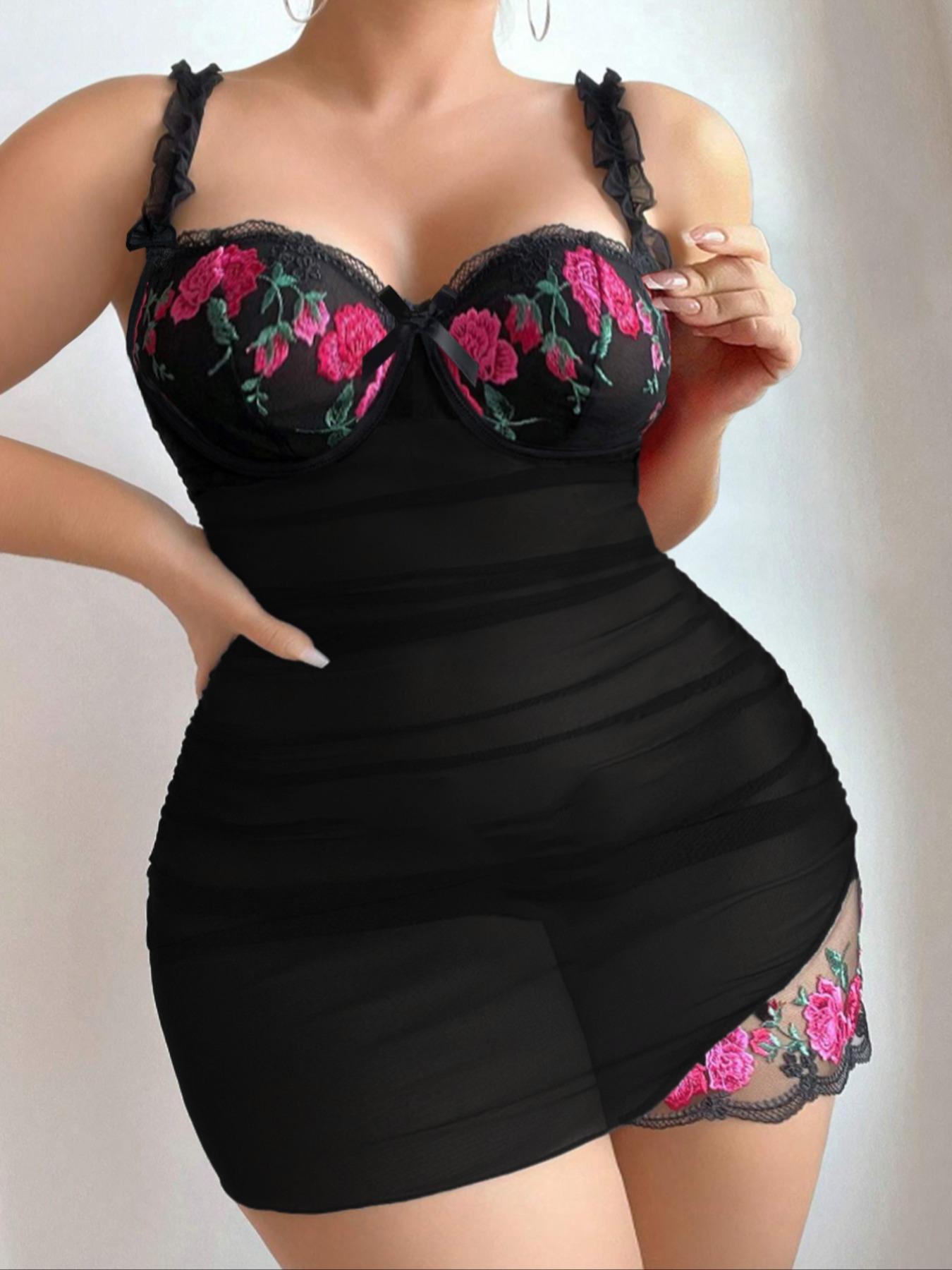 Plus Size Elegant Casual Cami Nightgown 2 Piece Set, Fitted, Rose Embroidery, Adjustable Straps, Soft Lightweight Fabric, Sleeveless for All Seasons