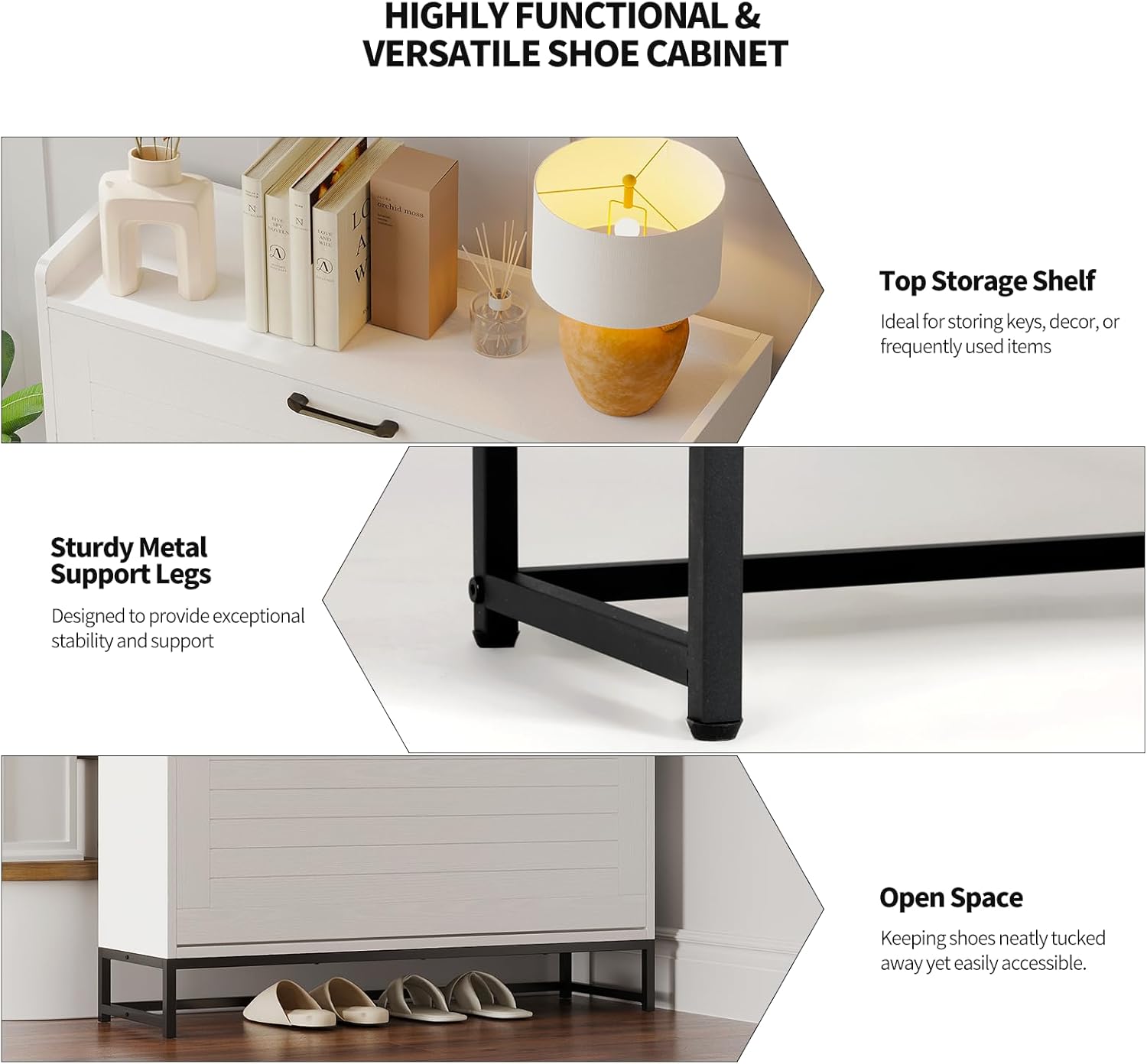 VOWNER Shoe Cabinet with 2 Flip Drawers , Contemporary Slim Shoe Cabinet with Adjustable  Shelves & Metal Legs, Freestanding Shoe Organizer with for Entryway, Hallway, Living Room, White shoe rack organizer