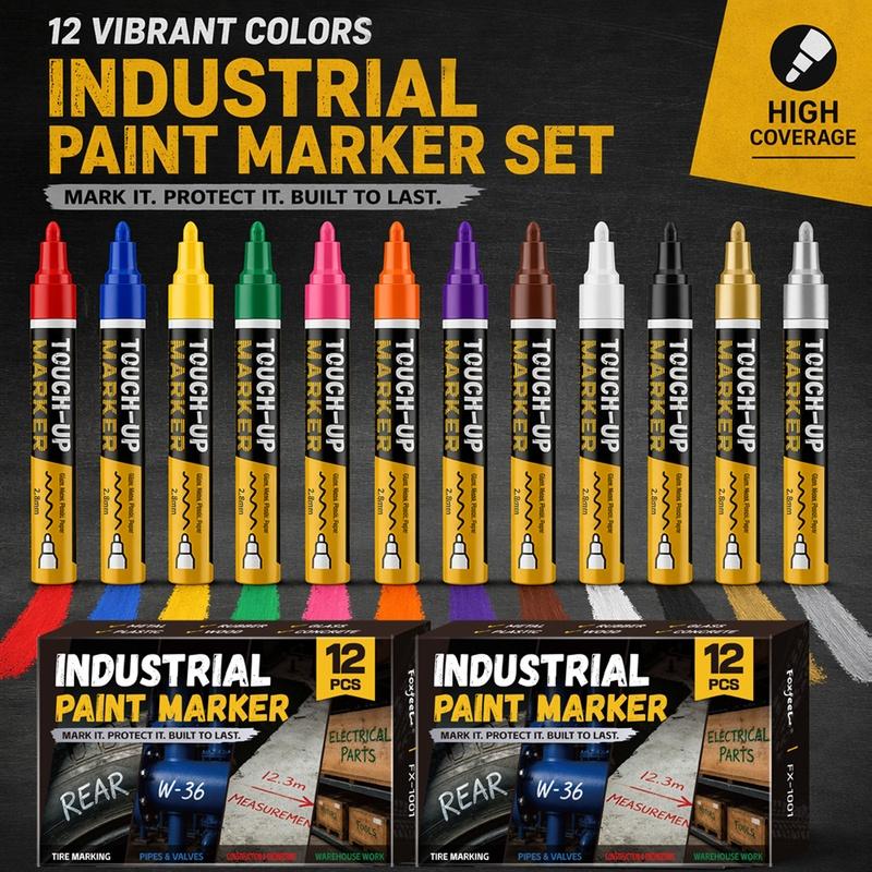 8/12 Colors Industrial Paint Markers, Thick Chisel Tip Permanent Paint Pens, Smooth Ink Flow Waterproof Markers for Metal, Steel, Concrete, Plastic, Wood, Construction Site, Warehouse and Workshop