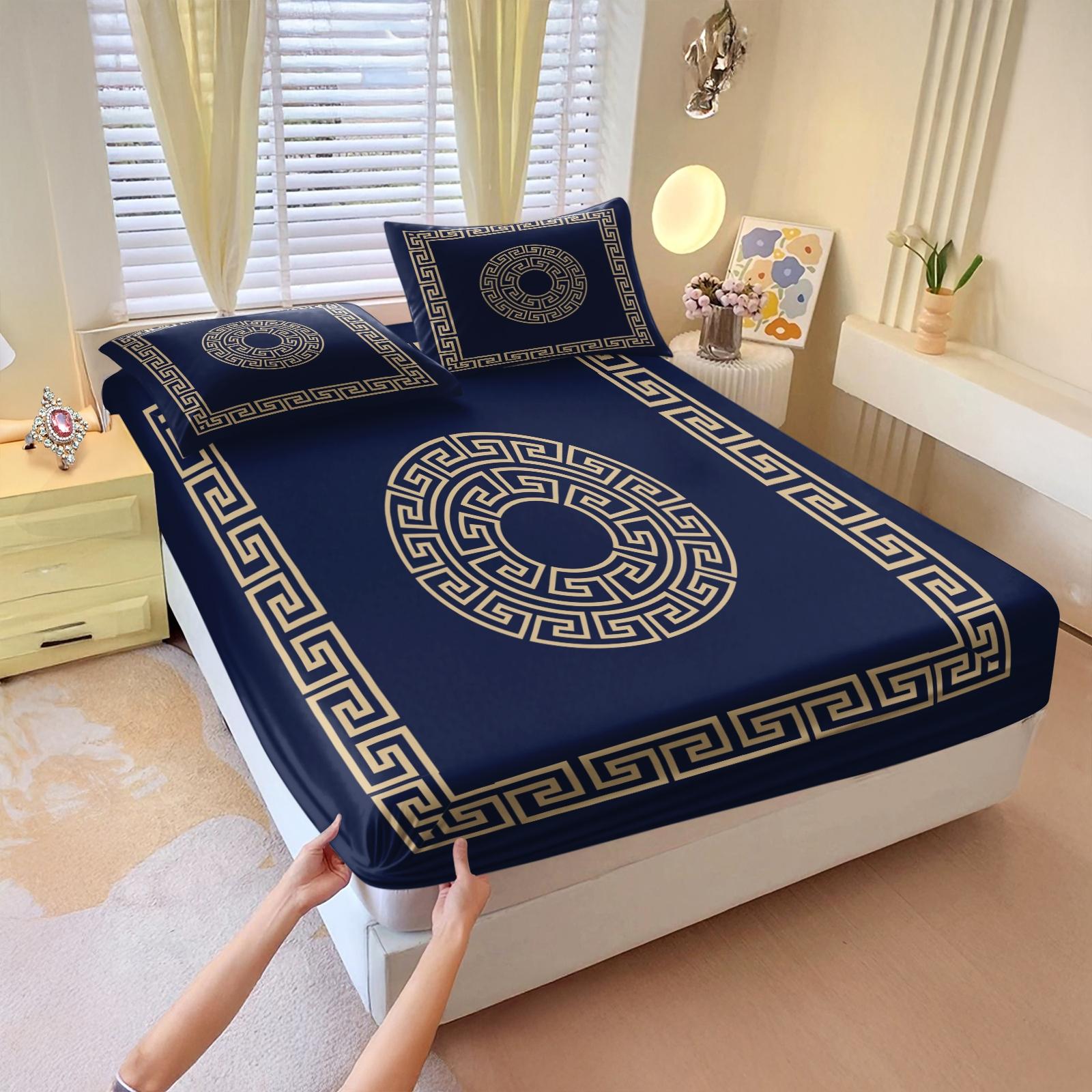 3 Pcs Solid Color Geometric Pattern Fitted Sheet Set,Includes 1 Fitted Sheet & 2 Pillowcases without Filler,Minimalist style, vintage and sophisticated look, soft and comfortable, Soft Bedding Sheet,Suitable for all seasons,Multiple styles available.