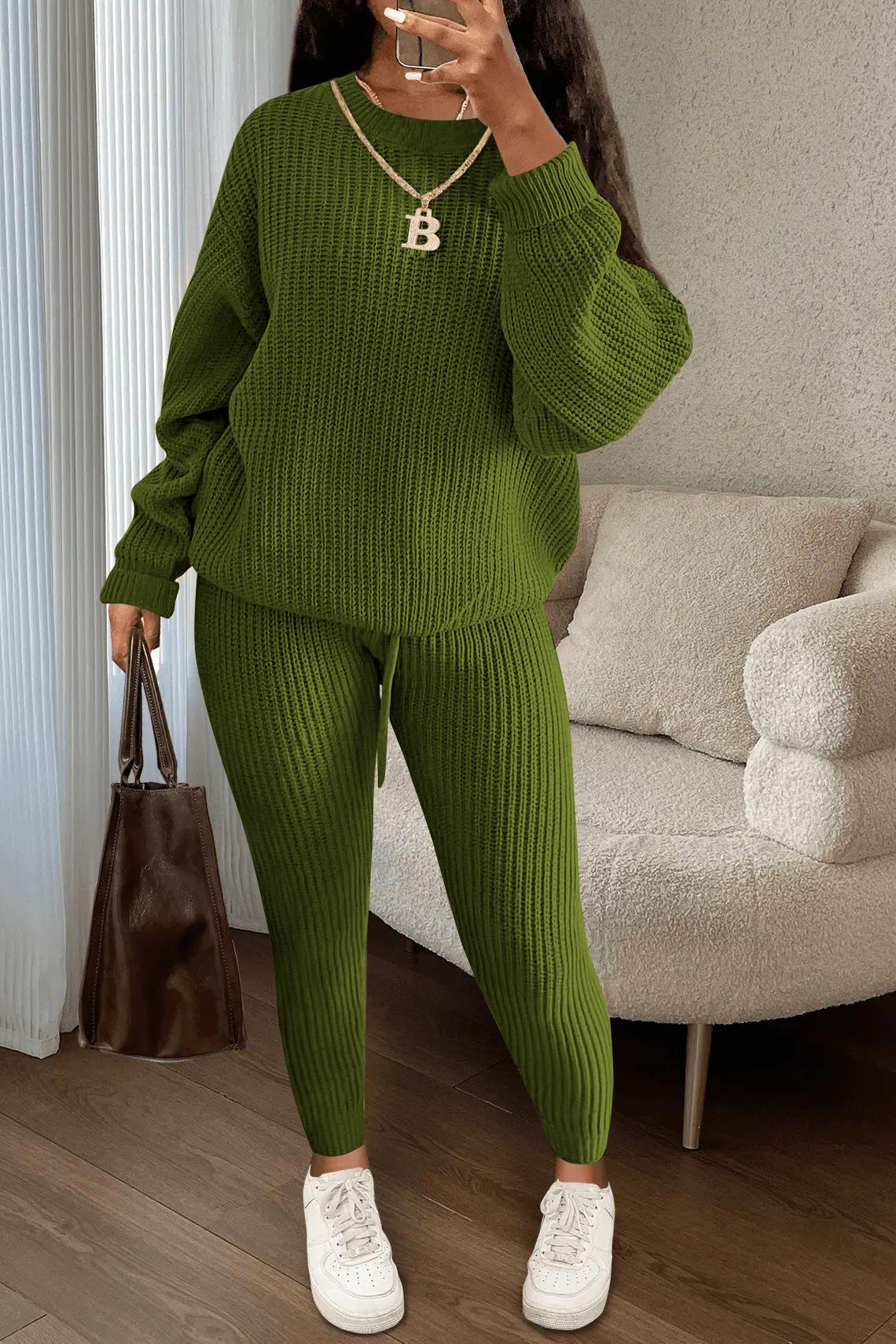 USBoutique Chic Women's Solid Drop Shoulder Sweater & Drawstring Waist Pants Two-piece Set, Fall Outfits, Casual Fashion Cozy Knitwear Set for Daily Outdoor Wear, Women's Matching Knitwear for Fall & Winter, Womenswear & Underwear, Suits