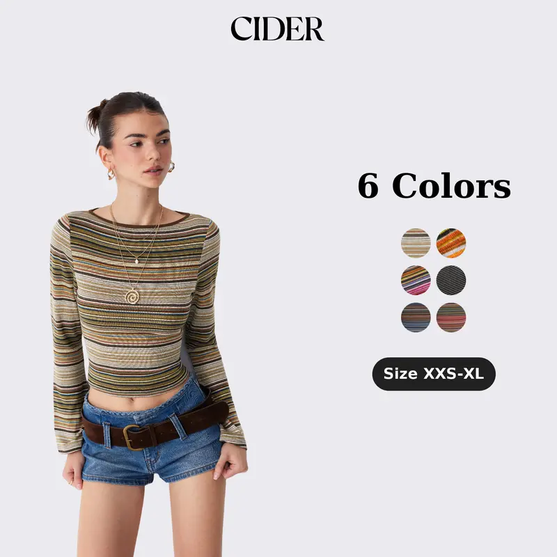 Cider Striped Boat Neck Bell Sleeve Slim Tee