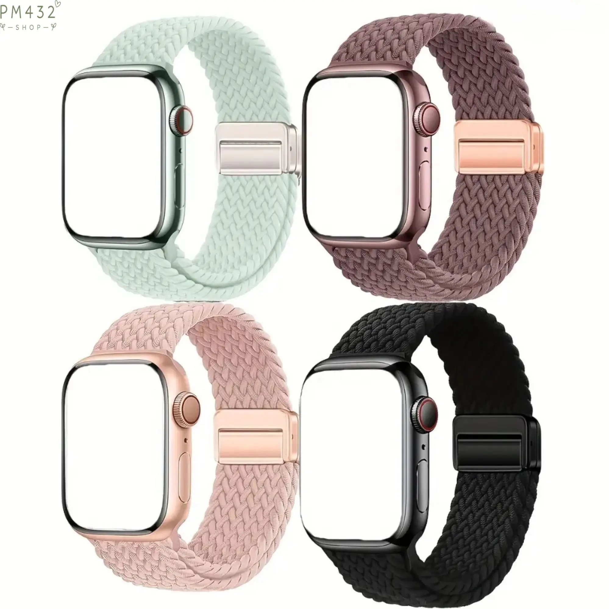 4-Pack Braided Smartwatch Straps, Adjustable Elastic Nylon Bands with Magnetic Clasp & Single Ring Buckle, Stretch Fit Replacement Wristbands, Sporty Smartwatch Accessories for Fitness & Daily Wear