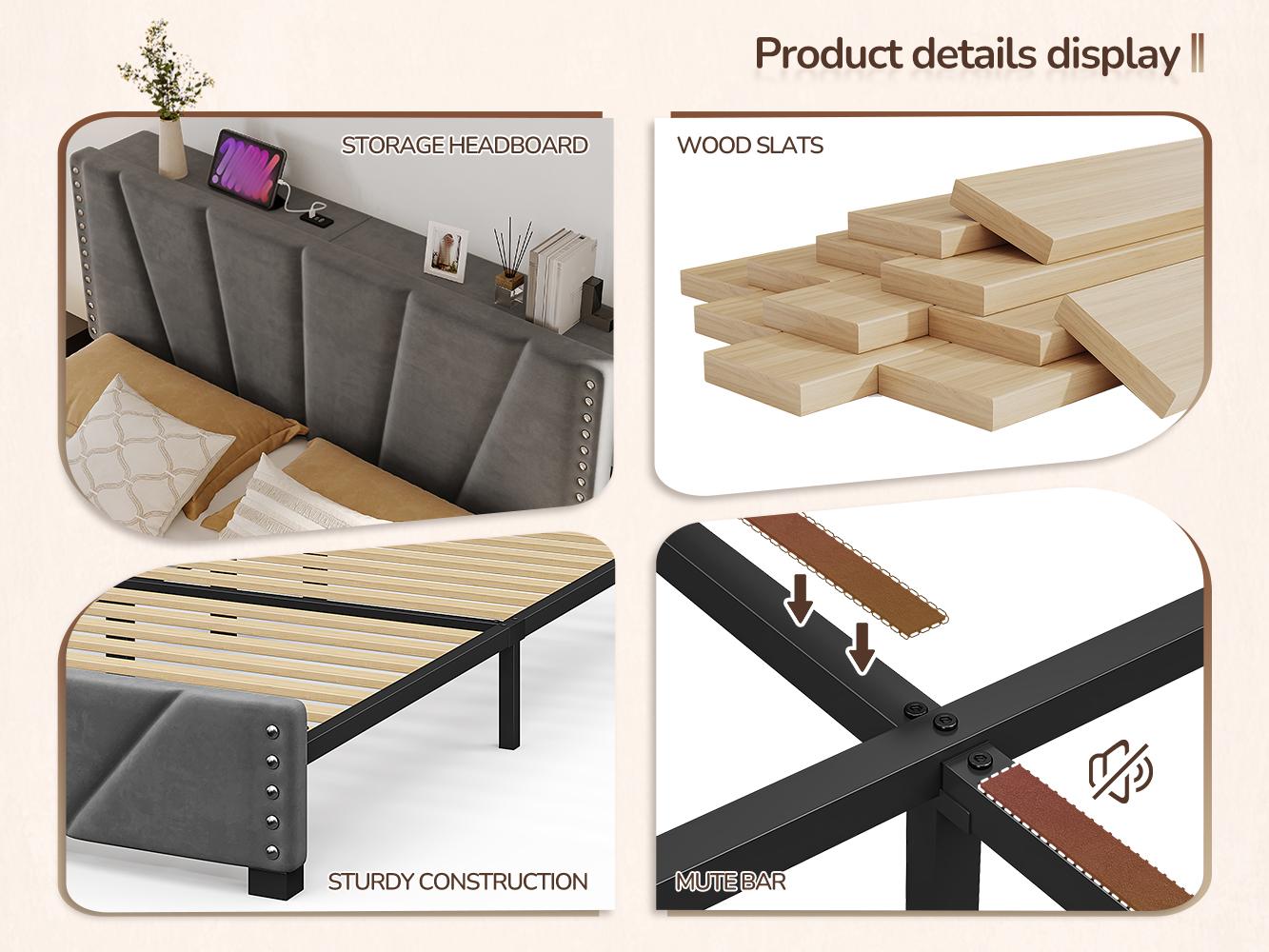 Full/Queen/King Size LED Bed Frame with Velvet Storage Headboard Platform Bed with Charging Station, No Mattress, Sturdy Wooden Slats Support