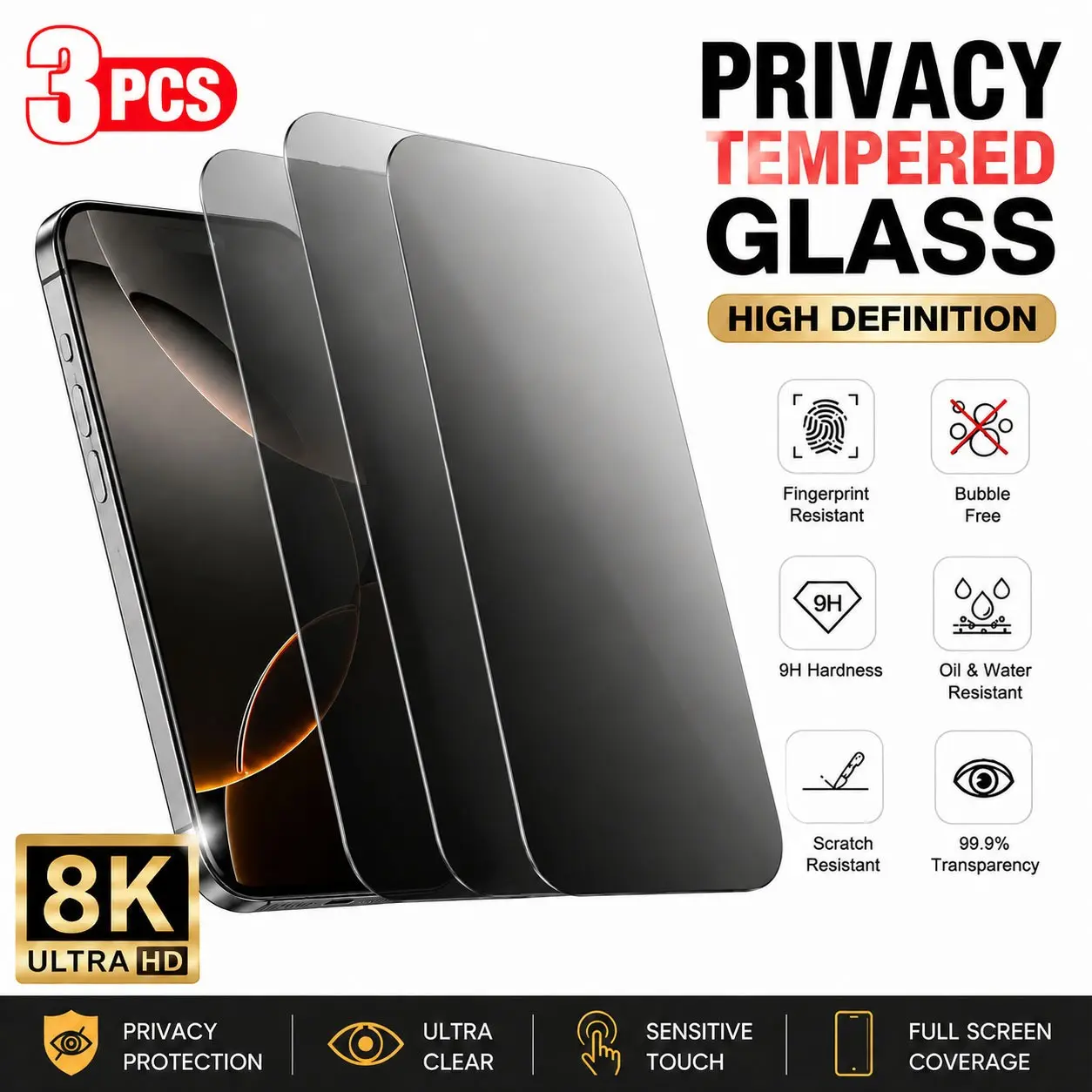 3pcs HD Anti-Spy Tempered Glass Screen Protector for iPhone 17/16/15/14/13/12/11/plus/mini/x/XS/XR, Privacy Protection, 9h+, Bubble-Free
