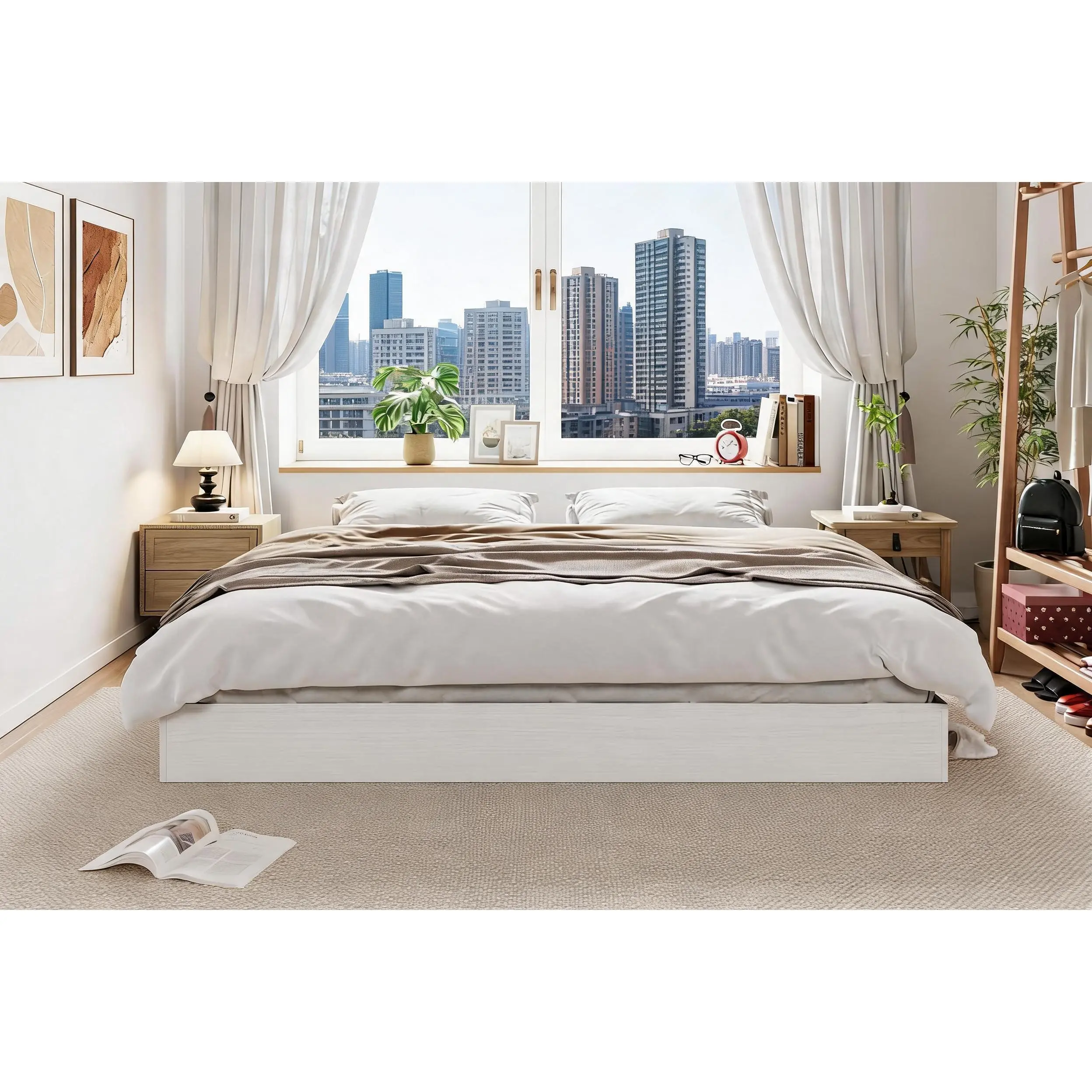 Minimalist White Wood-Grain Platform Bed Frame, Twin, King & California King Sizes, Low-Profile Floor Design, No Headboard, No Box Spring Needed