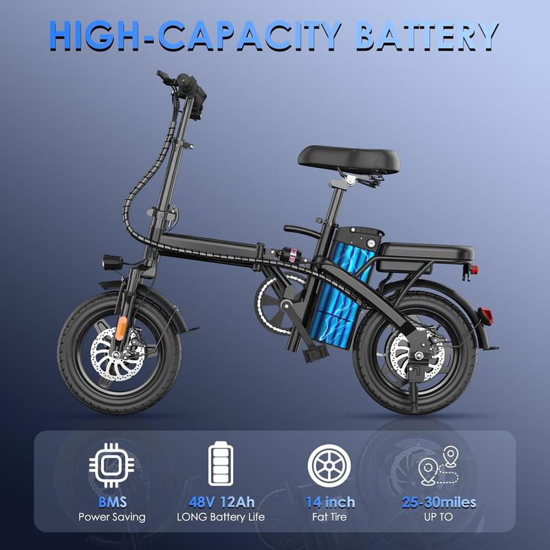 Upgraded Folding Electric Bike, 750Wh configuration, 14-inch tires ebikes, 22+ MPH speed, 30+ Mile range, can carry 2 people, Supports Up to 400 lbs, commuter Electric bicycle