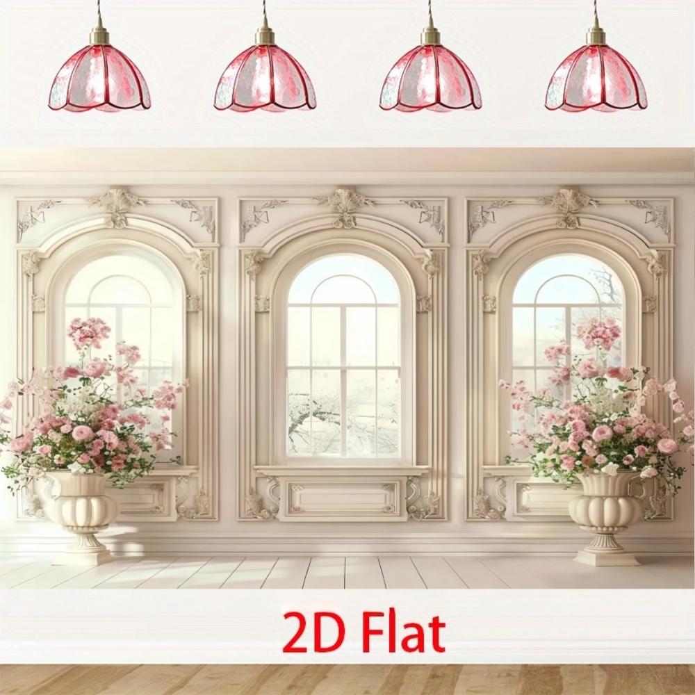 French Vintage Arch Background Cloth, European Floral Window Scene Rose Vase Photo Hanging Cloth, Wedding Birthday Party Decor